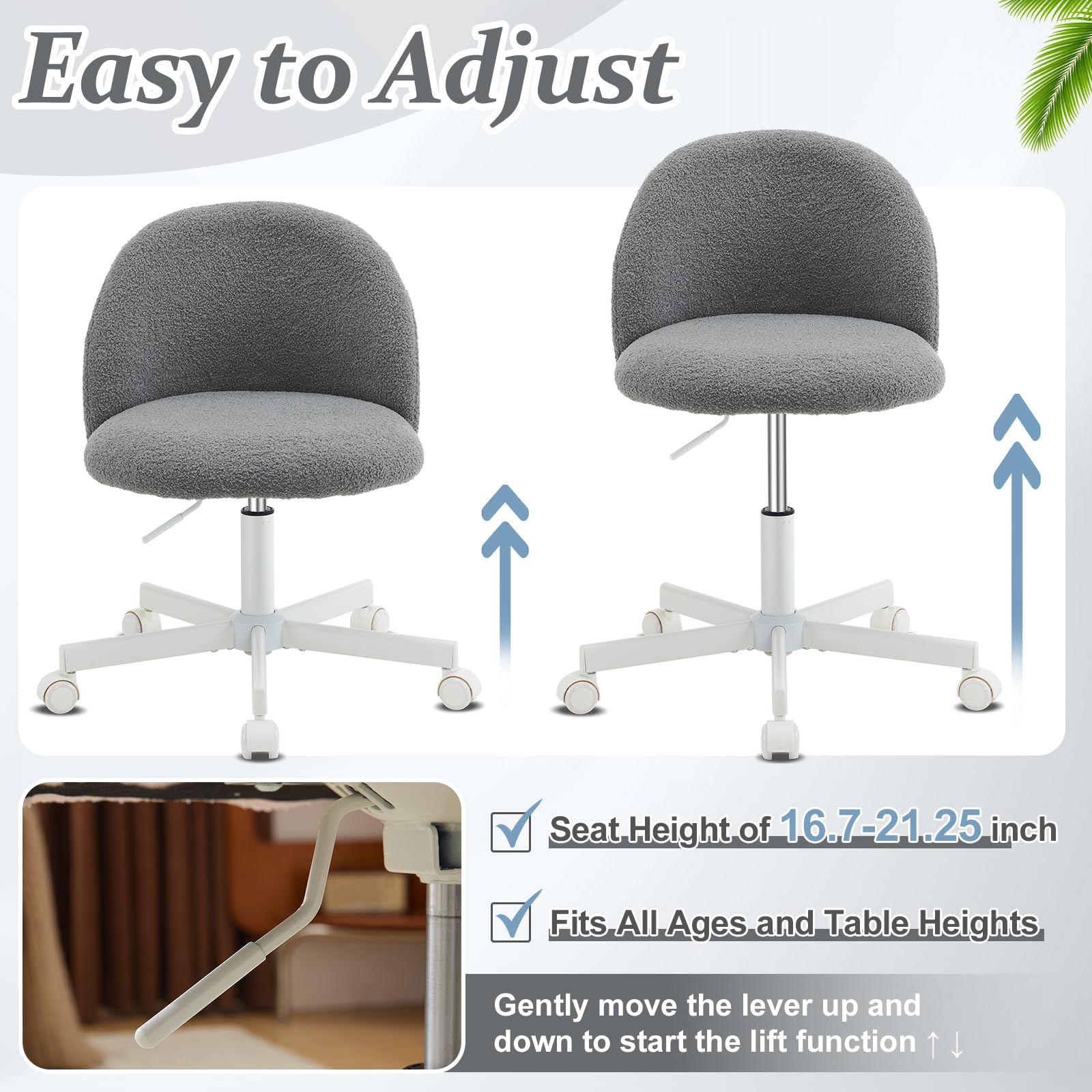 VINGLI Armless Cute Teddy Bear Desk Chair with Wheels - Adjustable Swivel Office Chair with Lumbar Support, Comfortable Small Computer Task Chair for Home Office, Bedroom & Vanity (Muted Grey) - Perfect for Work, Study & Gaming Sessions