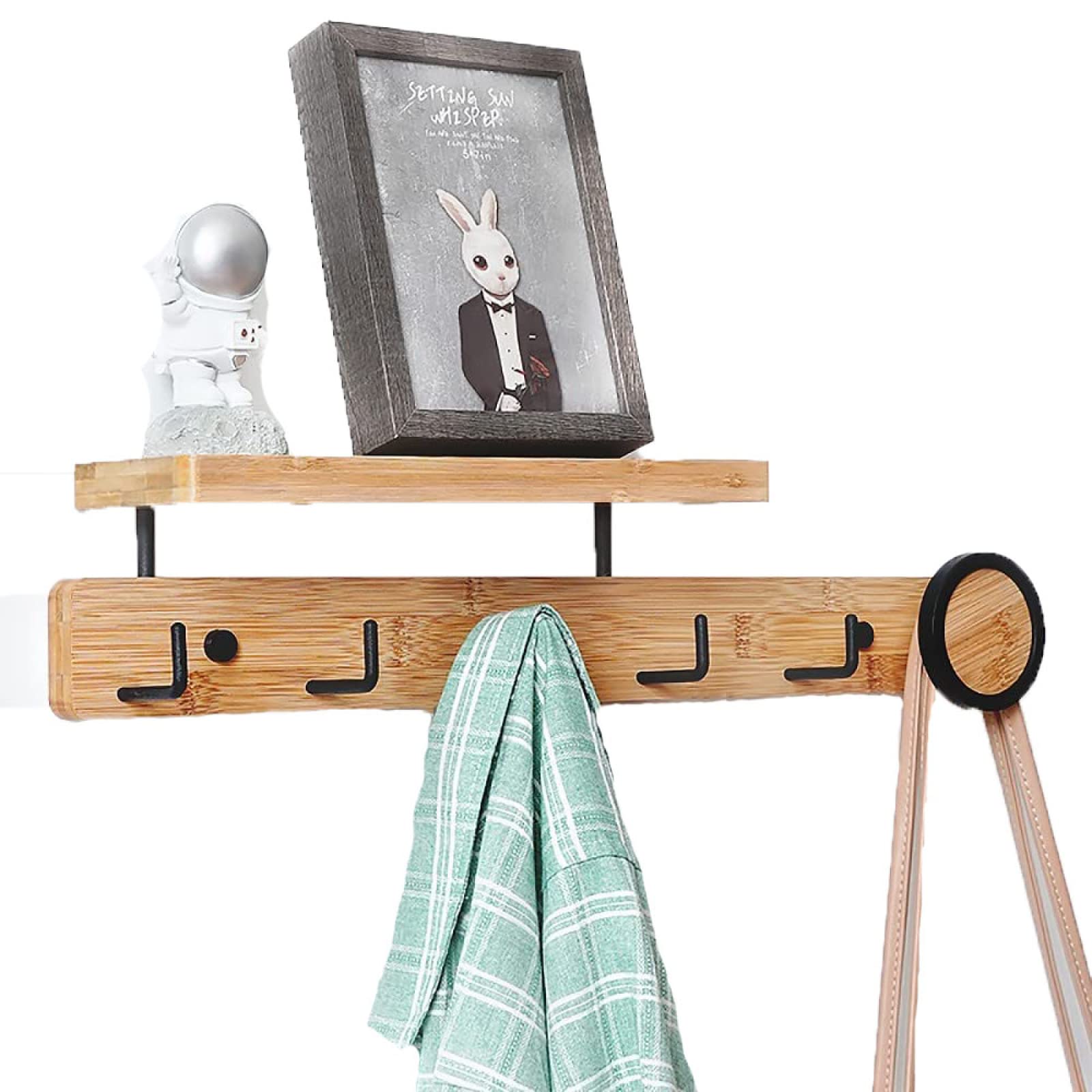 GAOYH Wall Mounted Shelf with 5 Detachable Hooks - Natural Wood Coat Rack for Hallway, Bathroom & Office - Space Saving Organizer (59x6cm) - Perfect for Entryway Storage & Small Space Organization