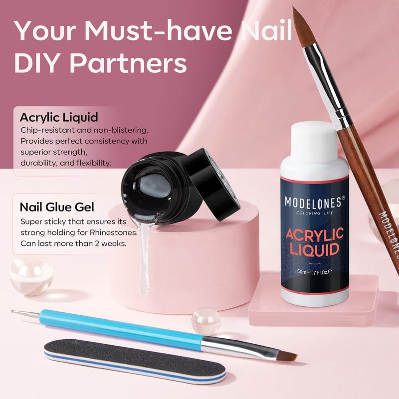 Modelones 14pcs Acrylic Nail Kit with Pink Acrylic Powder, Liquid Monomer, Nail Brush, Gel Glue & Top Coat - Professional Nail Extension Starter Set for Beginners | DIY Salon Manicure at Home, Party & Wedding Nail Art