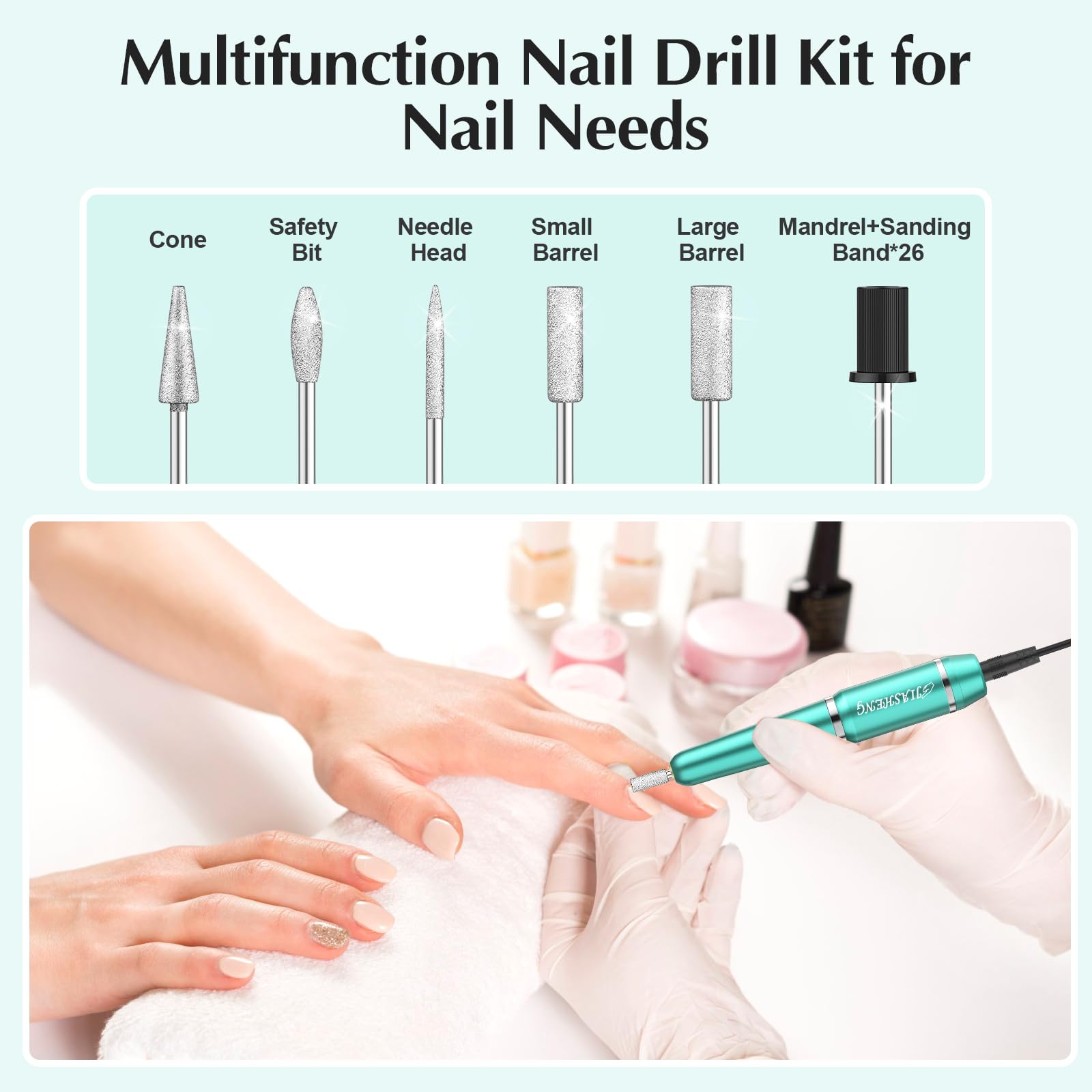 JIASHENG Professional USB Electric Nail Drill Kit - Portable Manicure & Pedicure Tool for Acrylic Gel Nails with Multiple Drill Bits - Perfect for Home Salon, Nail Art & DIY Nail Care (Green)
