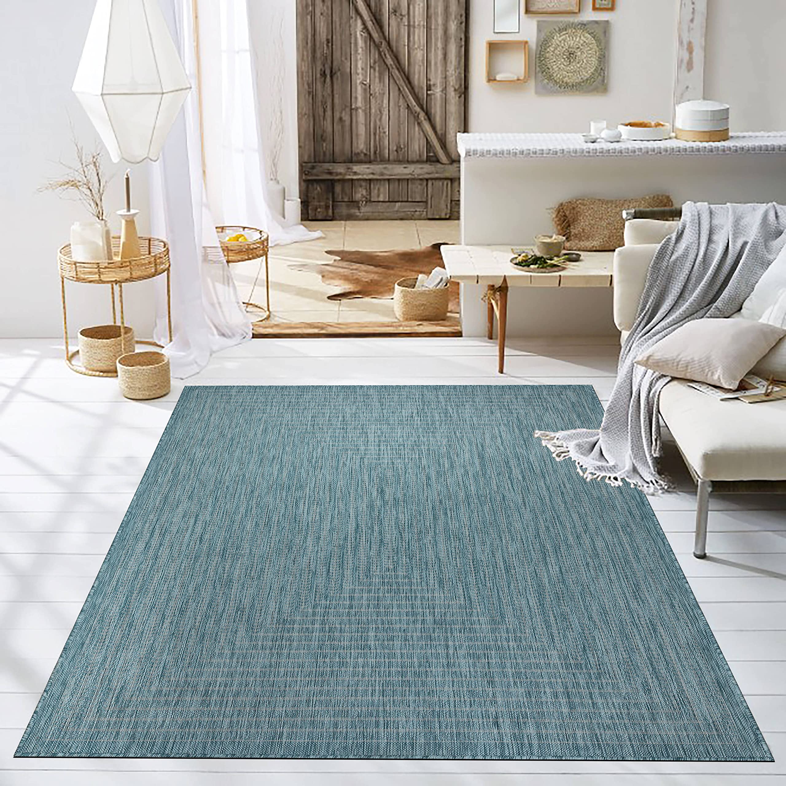 Adiva Rugs 5' x 7' Indoor Outdoor Area Rug - Waterproof, Stain & Weather Resistant, Easy Clean Floor Mat for Dining Room, Backyard, Deck, Patio - Perfect for Outdoor Entertaining & High Traffic Areas (Aqua Weiss)