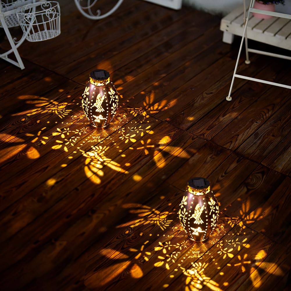 Stargarden Solar Lanterns 2 Pack - Waterproof Outdoor Decorative Hanging Lights with Hollow-Out Hummingbird Design for Garden, Patio, Yard - Copper Finish Solar Powered Lanterns for Evening Ambiance and Pathway Lighting