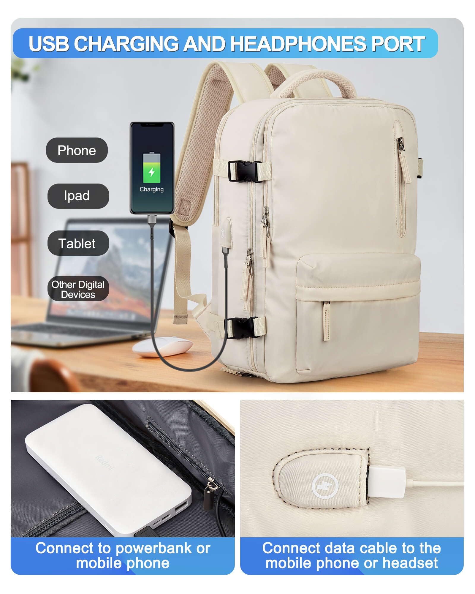 VGCUB 17 Inch Large Travel Backpack for Women & Men - Flight Approved Business Laptop Backpack with Dedicated Laptop Compartment - Perfect for Work Commute, Business Trips & Airplane Carry-On (Beige)