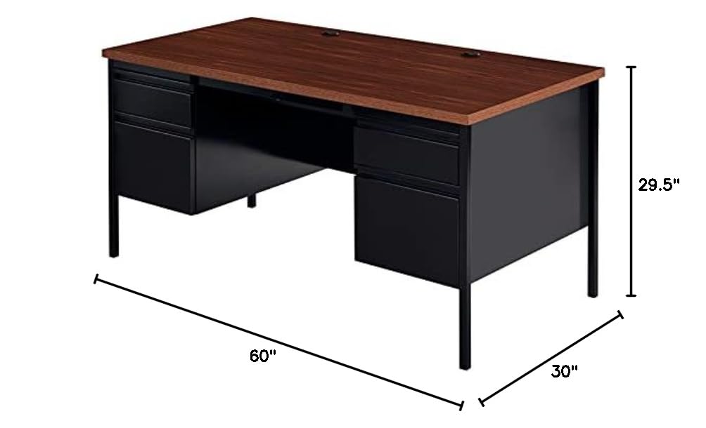 Pemberly Row Double Pedestal Metal Office Desk with Center Drawer - Black/Walnut Finish - Modern Home Office & Workspace Desk for Professionals & Students