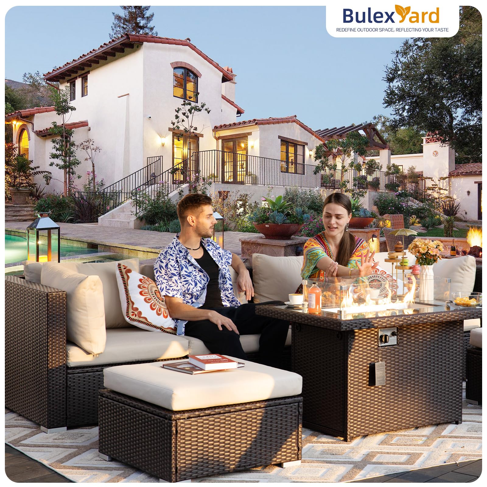 BLUEXYARD 9-Piece Brown PE Rattan Outdoor Patio Furniture Set with Fire Pit Table - High Back Wicker Sectional Sofa Conversation Set for Backyard, Garden, Poolside (Beige) - Perfect for Entertaining, Relaxing & Outdoor Gatherings