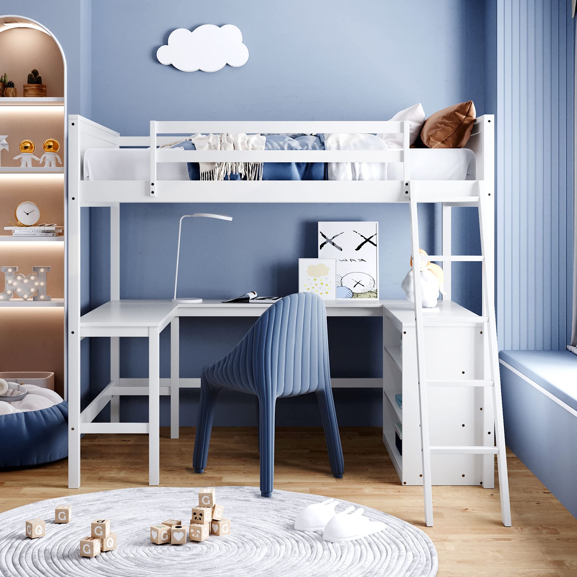 P PURLOVE Full Size Wooden Loft Bed with Long Study Desk & Shelves - Sturdy High Loft Bed for Kids & Teens - Perfect for Small Bedrooms, Dorm Rooms & Studio Apartments (Space-Saving Furniture for Study & Sleep)
