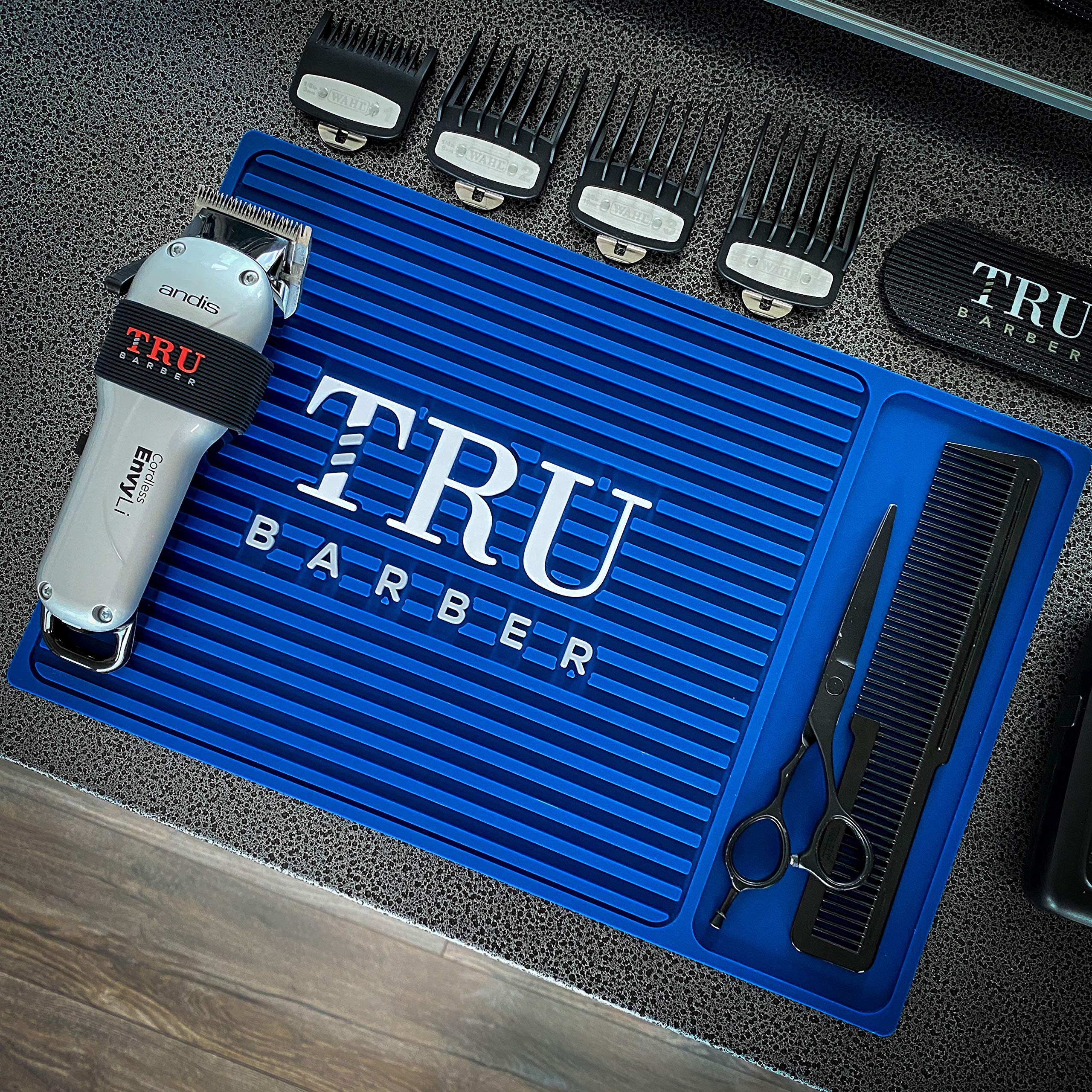 TRU BARBER ORGANIZER MAT 14'X9' (Blue) - Flexible PVC Salon Station Pad, Anti-Slip Barbershop Workstation Mat for Clippers & Tools - Perfect for Hair Cutting, Styling & Grooming Stations