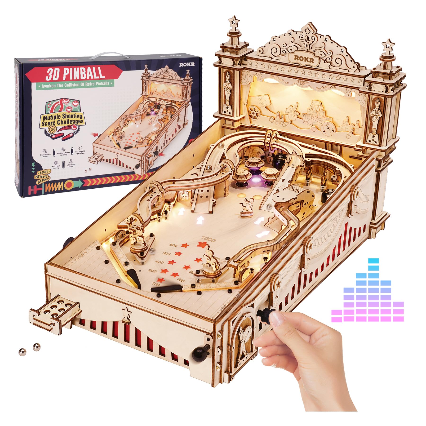 ROKR Miniature Pinball Machine - 3D Wooden Puzzle for Adults & Teens 14+, DIY Model Building Kit, STEM Educational Toy - Perfect for Home Decor, Office Desk & Gift Giving