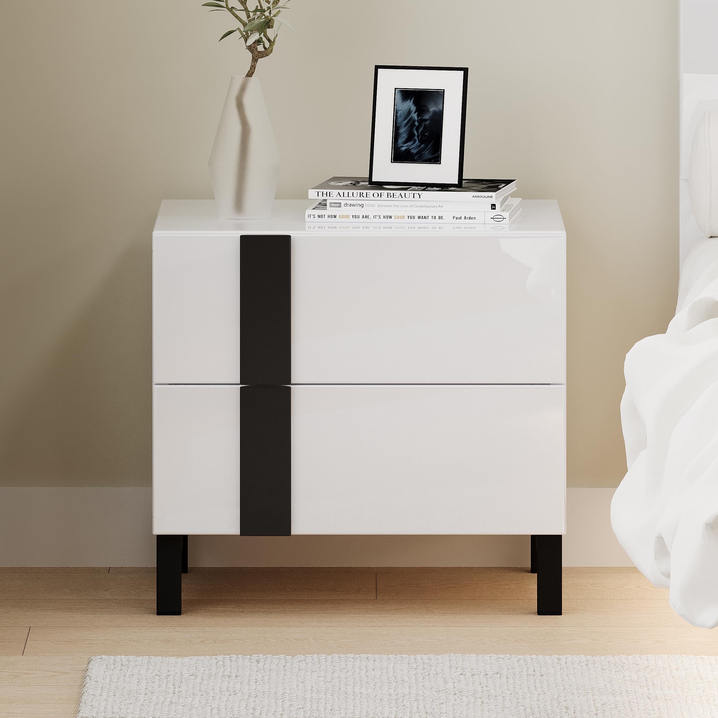 Modern High Gloss Queen Size Platform Bed with LED Lights & 2 Nightstands - 3 Piece White Bedroom Furniture Set for Contemporary Master Bedroom Decor