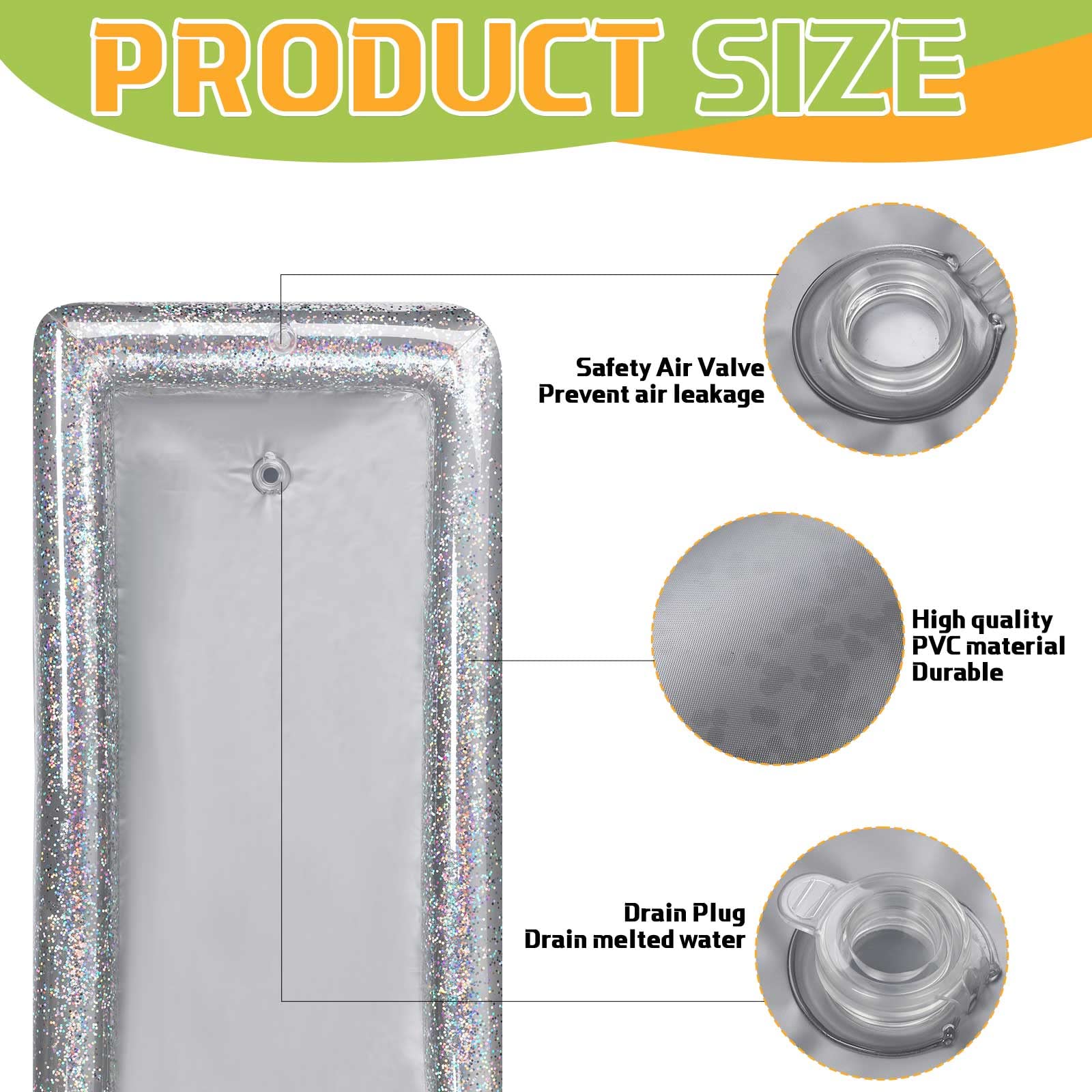 2-Pack Inflatable Serving Bar with Glitter Confetti & Drain Plug - Portable Ice Cooler for Food & Drinks - Perfect for Pool Parties, BBQs, Outdoor Events & Beach Gatherings (Silver)