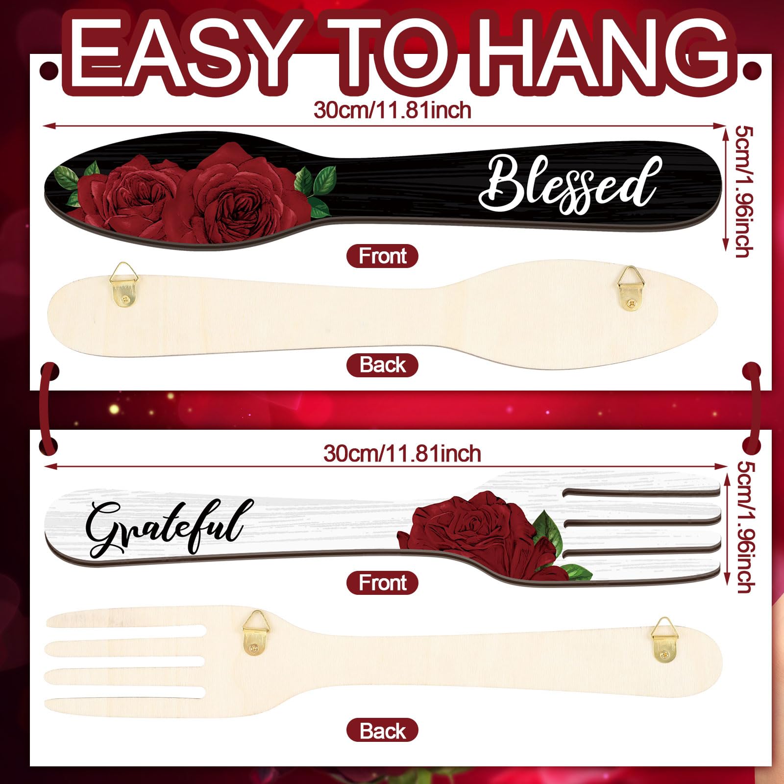 4 Pcs Red Rose Kitchen Wall Decor Set - Rustic Farmhouse Wooden Fork & Spoon for Wedding & Home Decor