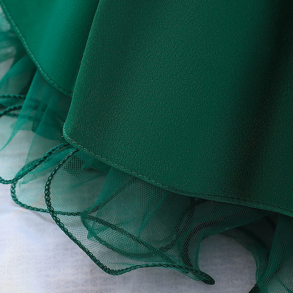 Green Princess Round Tea Length Satin Flower Girl Dress for Weddings & Special Occasions