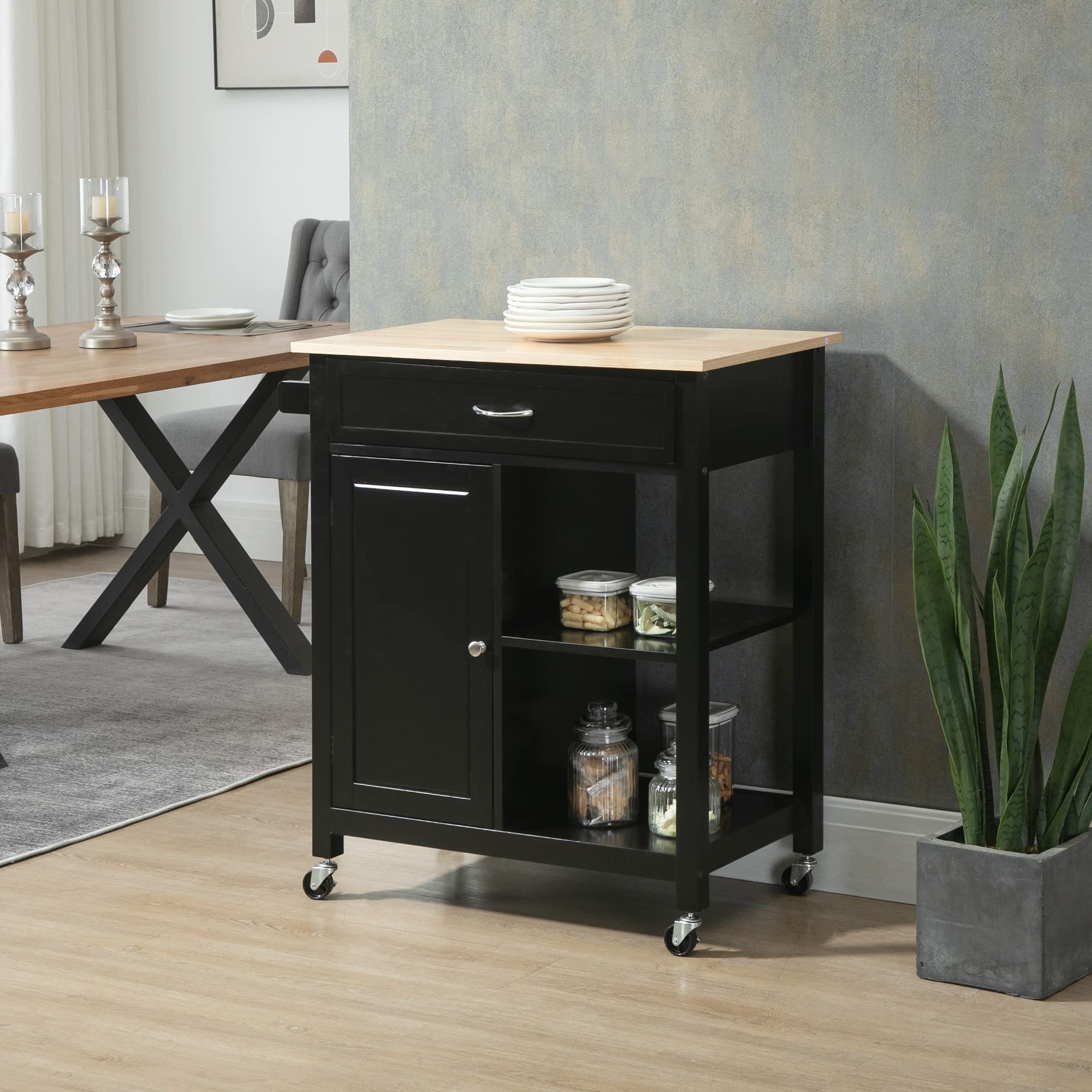 HOMCOM Kitchen Island Cart with Storage Shelf & Drawer - Solid Wood Top, Rolling Mobile Kitchen Cart for Dining Room - Black | Perfect for Small Kitchen Storage & Food Prep Station