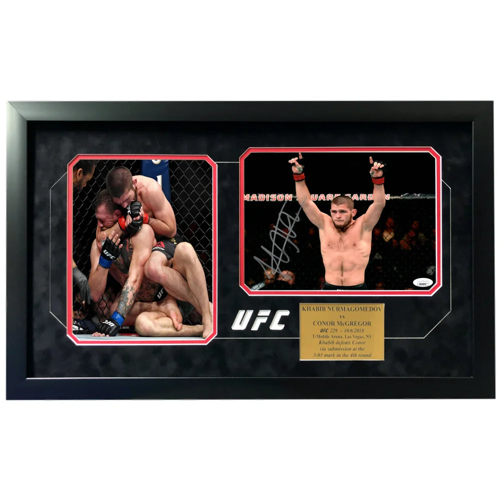 Authentic Khabib Nurmagomedov vs Conor McGregor UFC 8x10 Autographed Framed Photo with JSA COA - Perfect for MMA Fans, Sports Memorabilia Collectors & Man Cave Decor