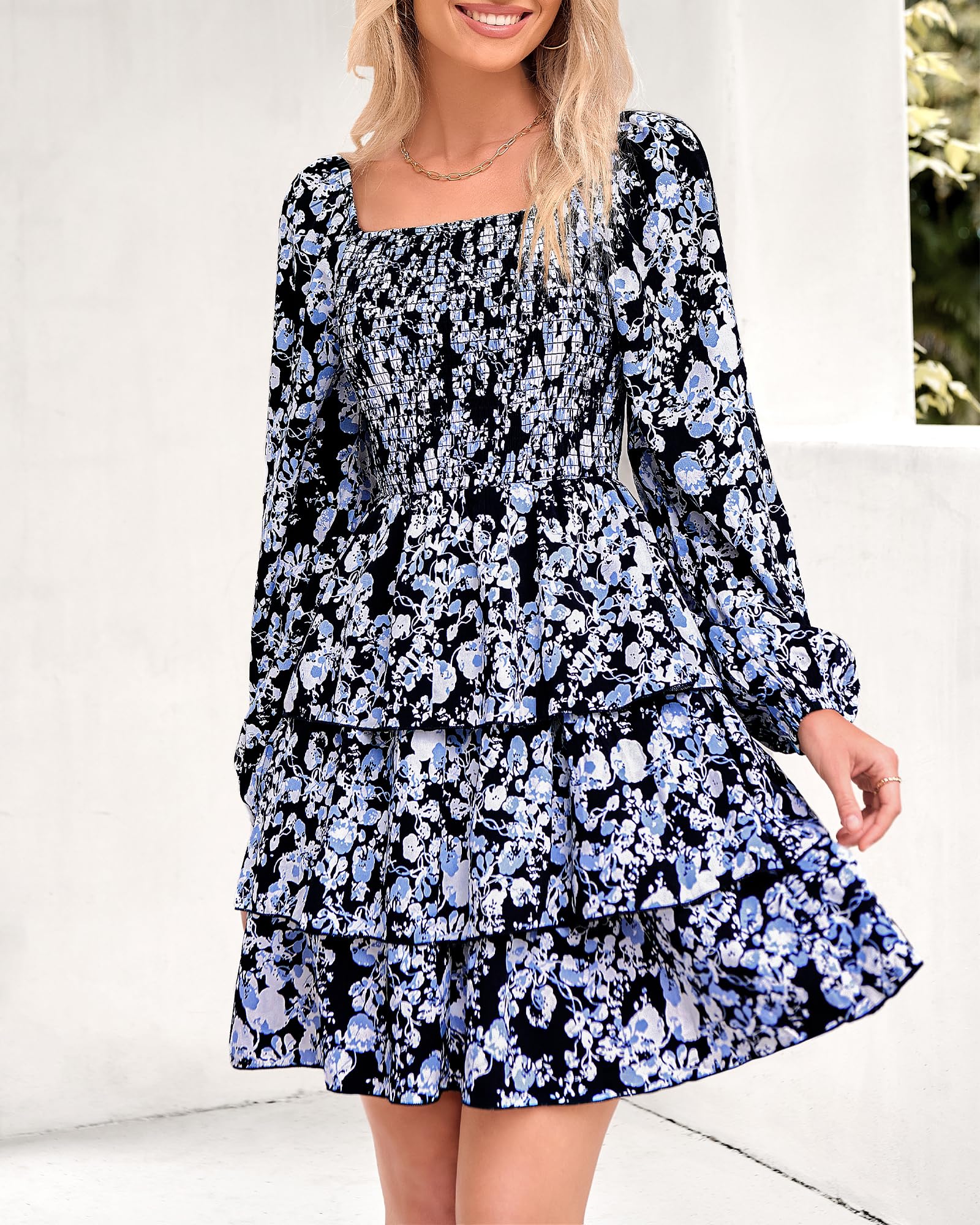 BTFBM Women's Square Neck Smocked Floral Swiss Dot Mini Dress - Long Sleeve Boho Wedding Guest Dress for Spring & Summer 2025 | Perfect for Garden Parties, Bridal Showers & Casual Events