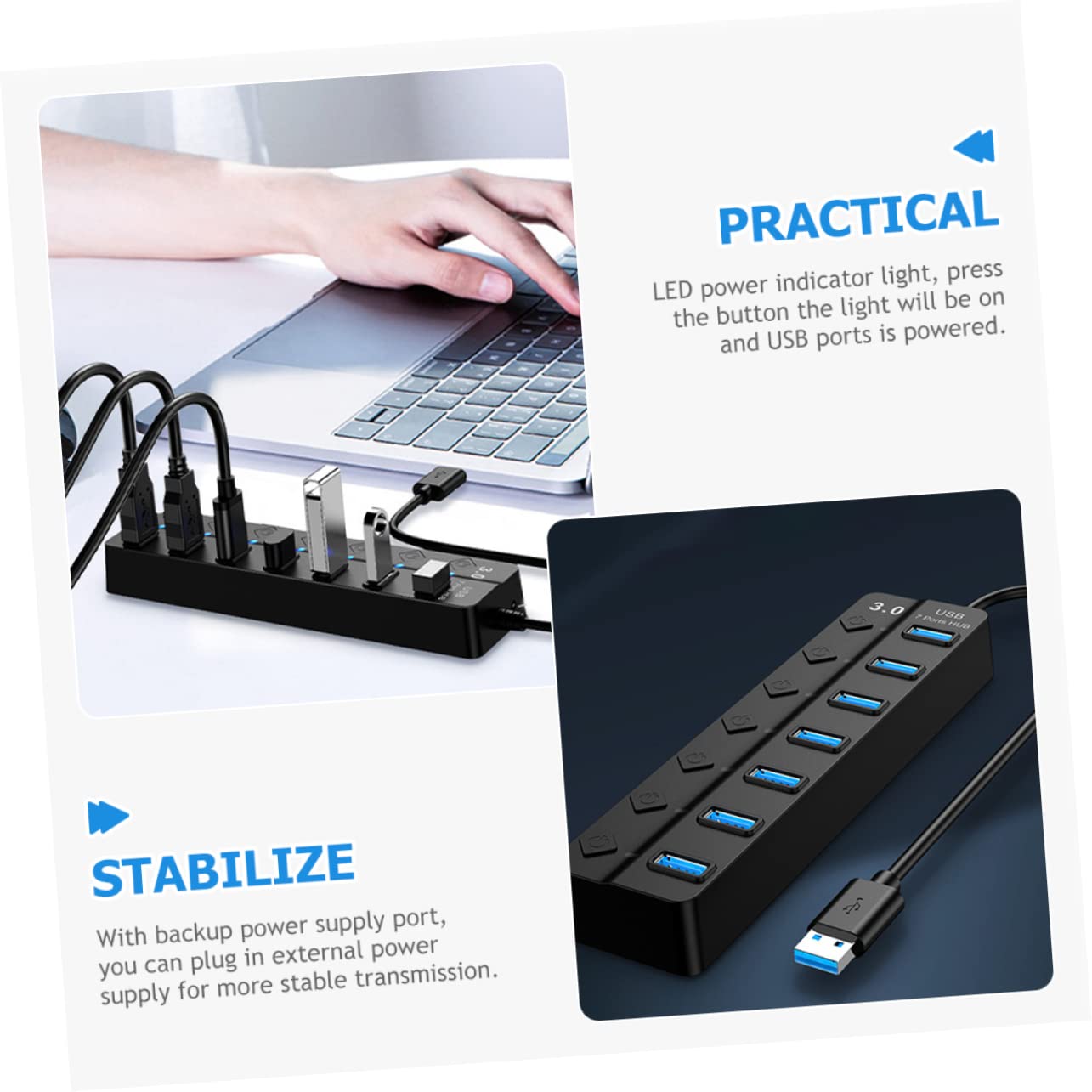 Homoyoyo 4-Port USB Hub with External Power Supply - High-Speed USB 3.0 Expander for Laptop, PC, MacBook - Extra USB Ports for Charging, Data Transfer, Keyboard, Mouse & More - Perfect for Home Office, Gaming & Workspace Setup