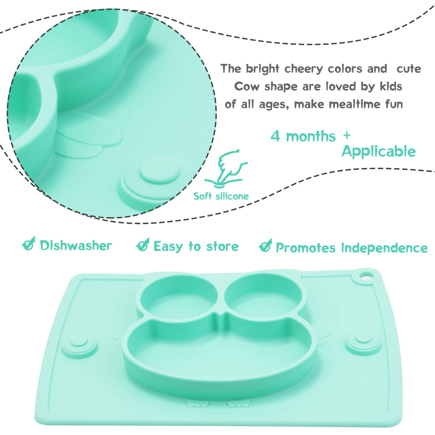 Non-Slip Silicone Divided Toddler Plates with Suction - BPA Free Baby Dinner Plates for Kids & Babies | Portable, Durable & Easy to Clean | Perfect for High Chairs, Travel & Messy Eaters (Owl-Cyan)