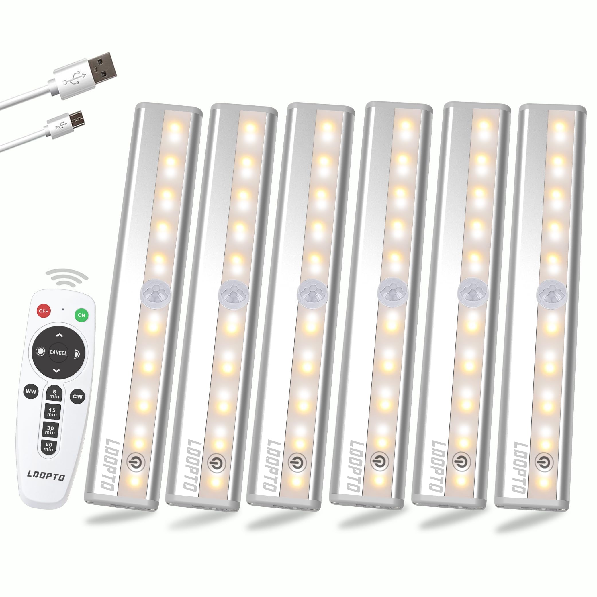 6 Pack Wireless Remote Control Under Cabinet Lights - 20-LED Dimmable Rechargeable Closet & Counter Lights, Stick-On Touch Night Light Strip Bar for Kitchen, Stairway, Bedroom (3 Color Options) - Perfect for Nighttime Safety & Ambient Lighting
