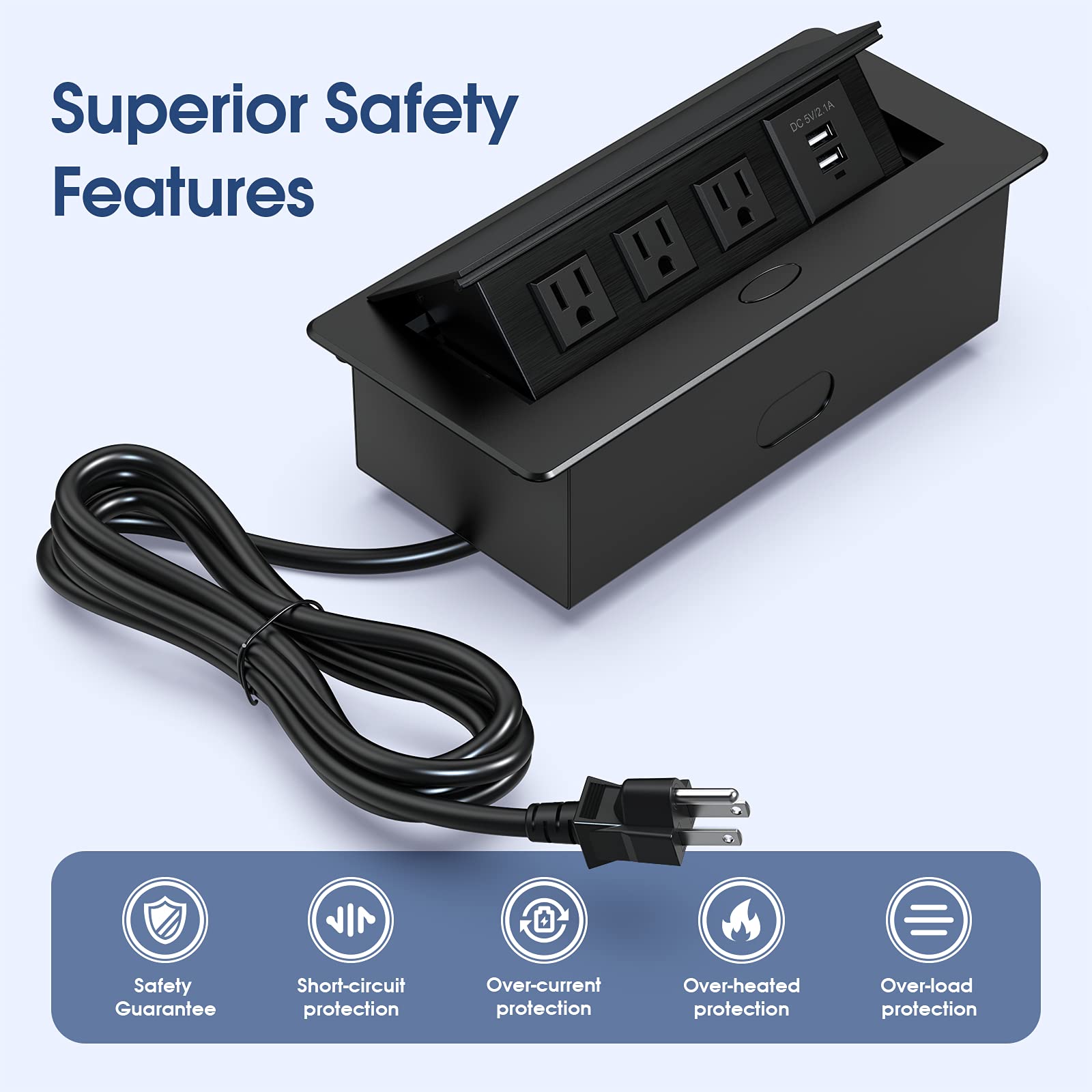 **Pop Up Outlet with 2 USB Ports & 3 AC Outlets - Black Desktop Power Hub for Home, Office & Dorm Use**