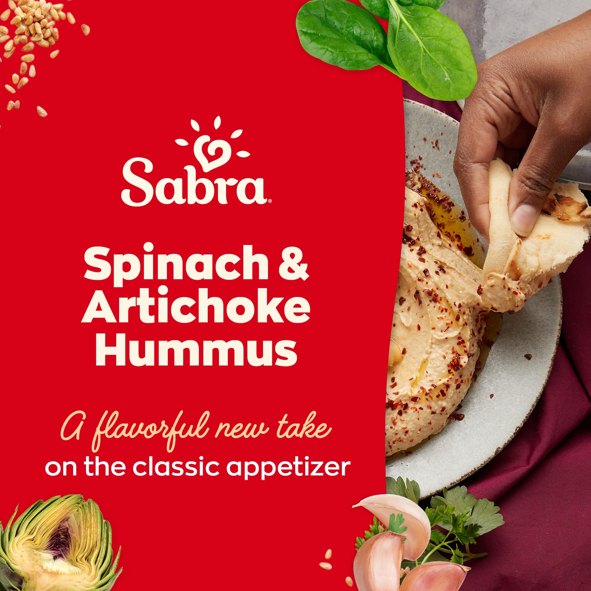 Sabra Hummus Dip with Spinach & Artichoke - 10 Oz | Vegan, Gluten-Free, Non-GMO Spread for Snacks, Lunches & Parties | Healthy Plant-Based Dip for Chips, Wraps & Veggie Platters