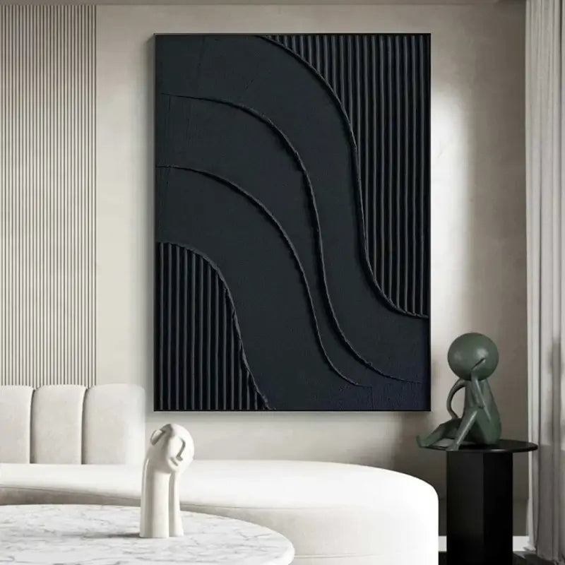 Black Plaster Art Minimalist Textured Painting - Modern Abstract Wall Decor for Living Room, Bedroom & Office | Unique Home Artwork #MZ007