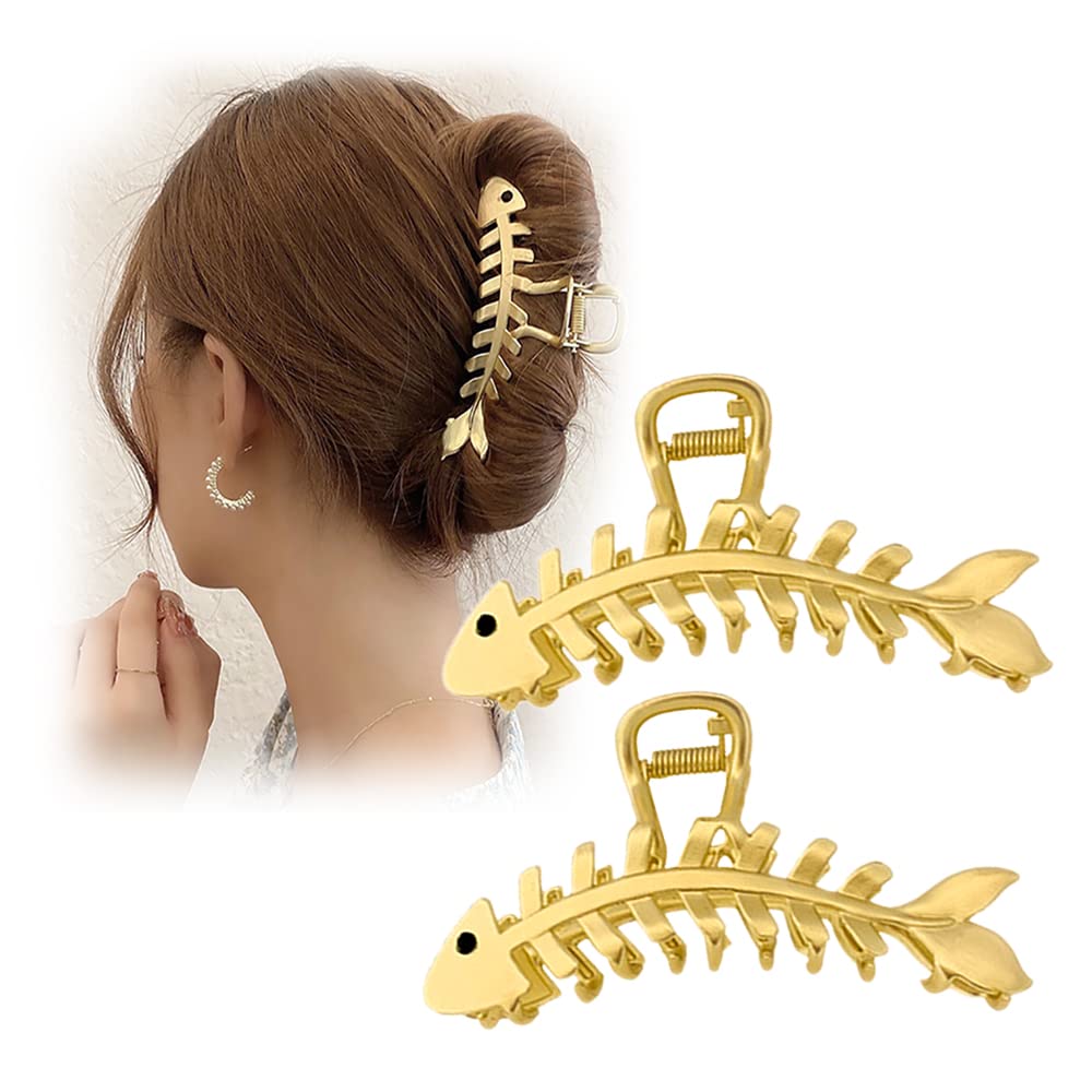 2PCS Large Metal Hair Claw Clips - Fish Bone Design Non-Slip Hollow Hair Clips for Women & Girls | Gold Hair Accessories for Ponytail, Bun & Updo Hairstyles