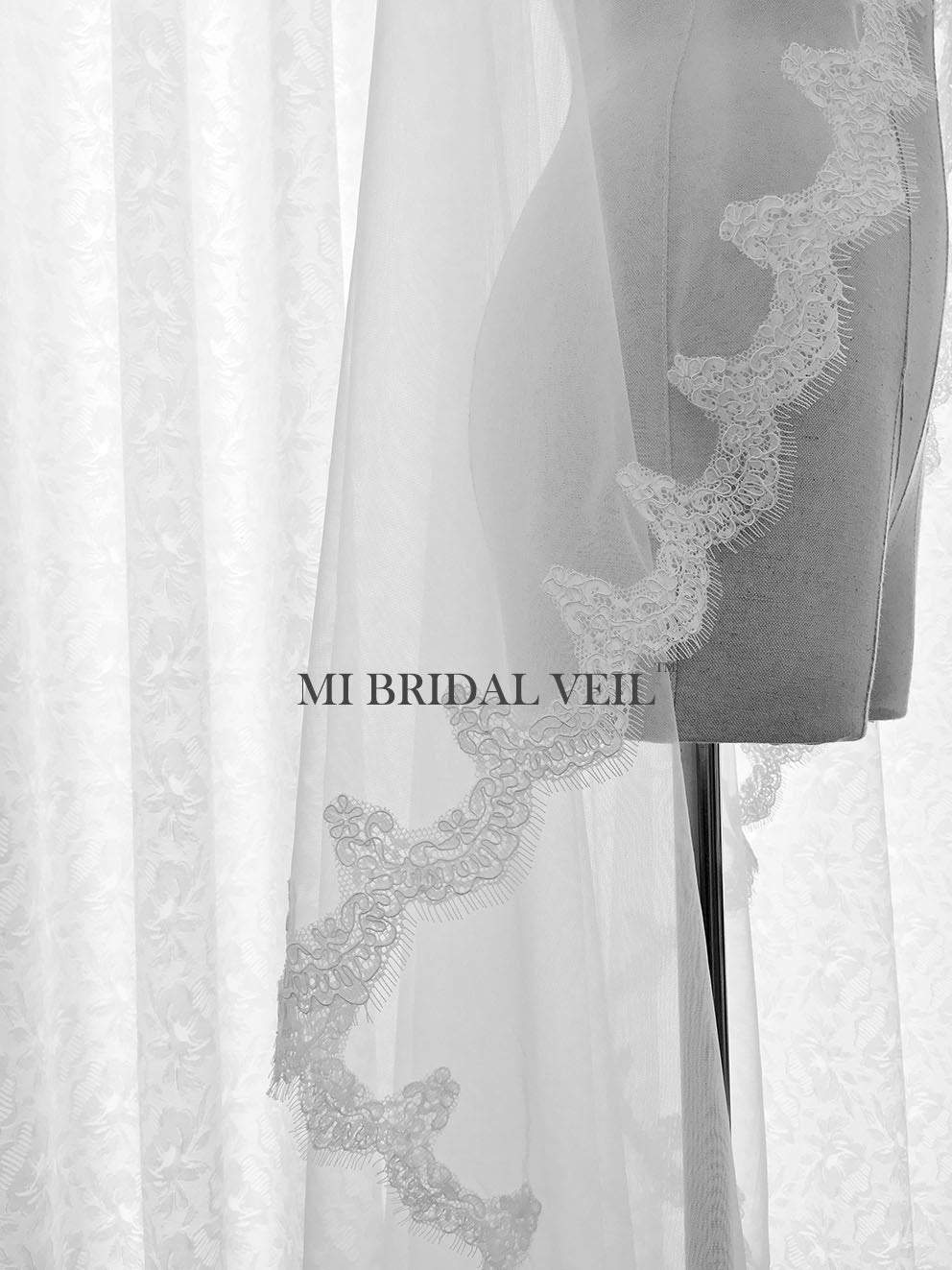 Elegant Mantilla Lace Wedding Veil with Fingertip Length & Delicate Eyelash Lace Trim - Perfect for Bridal Ceremonies, Church Weddings, and Romantic Photos