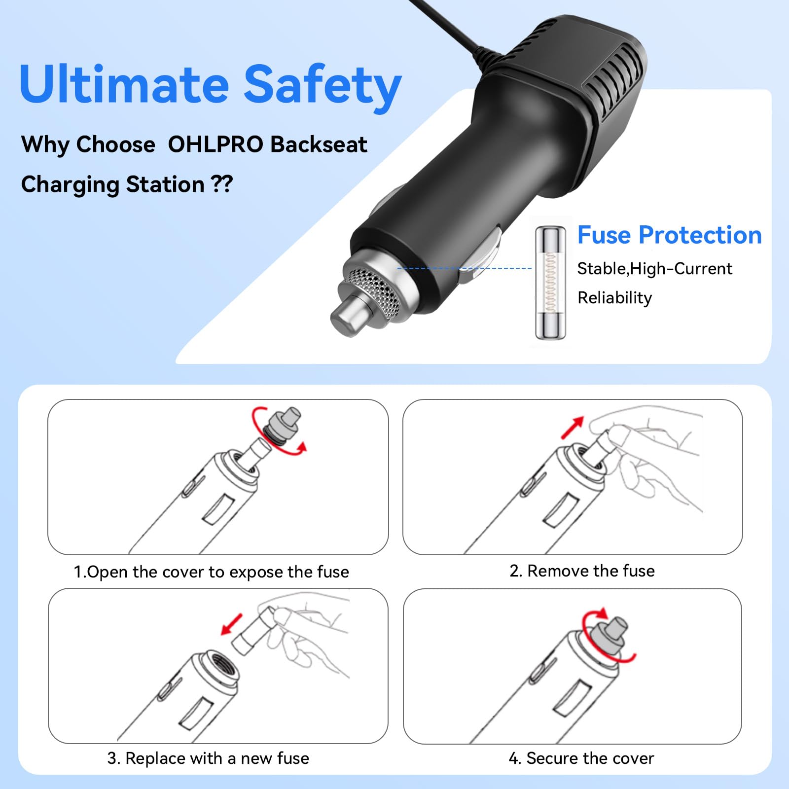 OHLPRO 6-in-1 Retractable Backseat Car Charger Station with Headrest Phone Mount - Dual USB-C PD/QC 40W Fast Charging for iPhone, Android - Perfect for Taxi, Uber, Rideshare & Family Road Trips