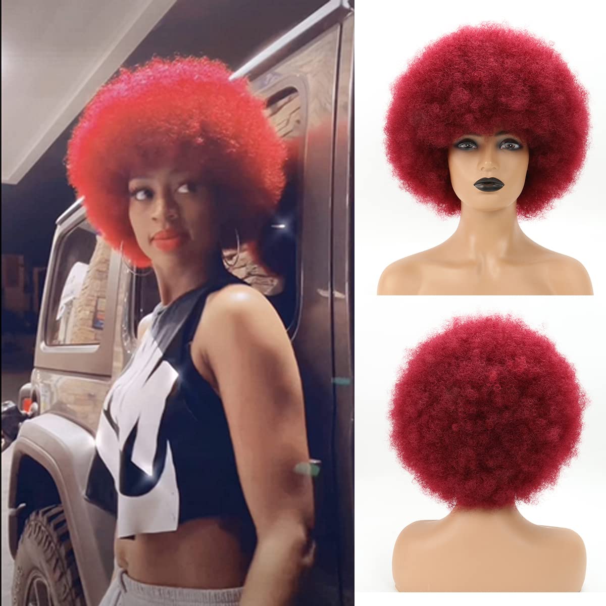 Wine Red Afro Wig for Black Women - Big, Bouncy & Soft Natural Looking Short Kinky Curly Synthetic Hair | Perfect for Cosplay, Halloween, Parties & Everyday Wear