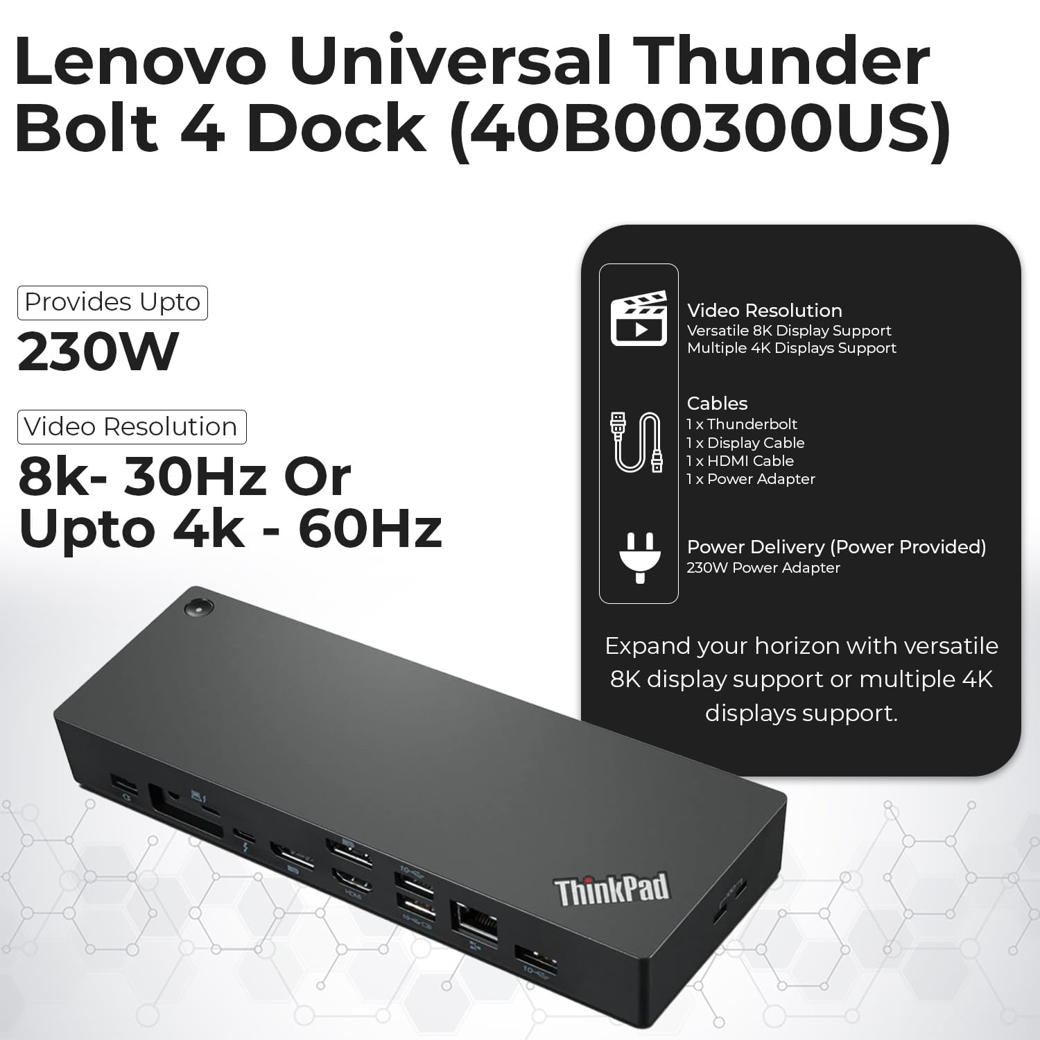 Lenovo ThinkPad Thunderbolt 4 Docking Station (40B00300US) with 300W AC Adapter - USB-C Hub with HDMI, DisplayPort & Thunderbolt Cables + Microfiber Cloth - 1 Year Warranty - Perfect for Home Office & Remote Work Setup