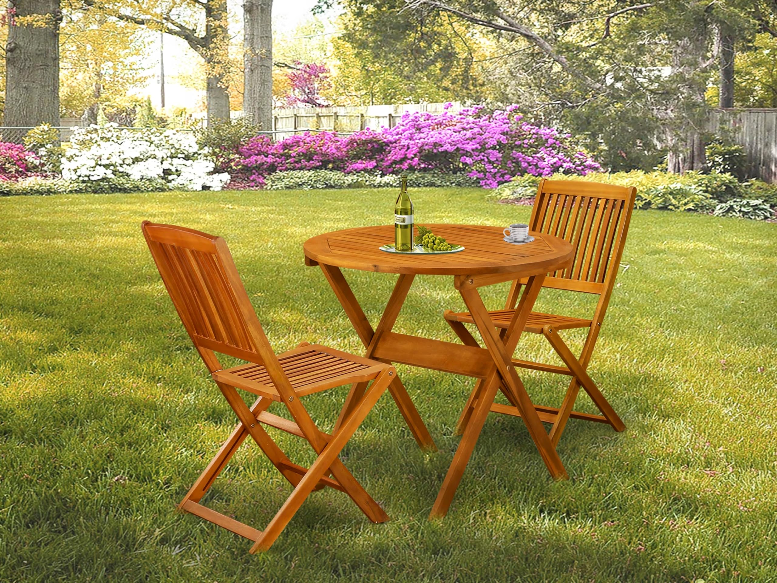 East West Furniture MNCM3CWNA Marion 3-Piece Patio Bistro Set - Round Outdoor Acacia Wood Coffee Table & 2 Folding Chairs, 30x30 Inch, Natural Oil Finish - Perfect for Backyard, Garden, Balcony, or Poolside Relaxation