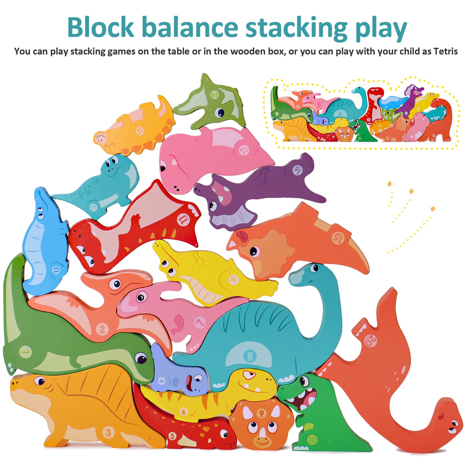 Dinosaur Wooden Stacking Blocks - Montessori Toys for Kids Ages 1-5 | Balance Competition Game & Educational STEM Learning Toy | Perfect Birthday Gift for Boys & Girls | Great for Preschool Playtime & Early Childhood Development