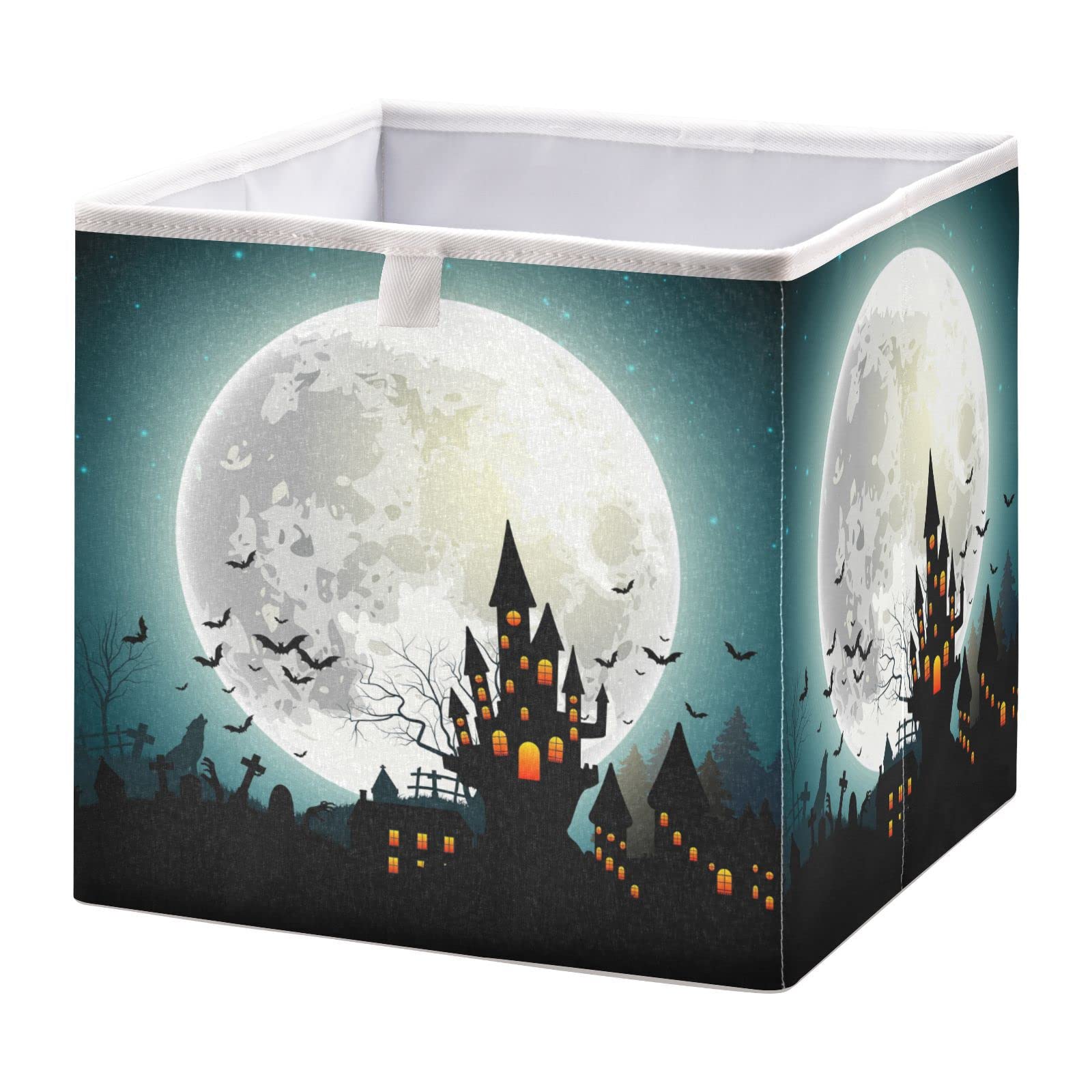 Halloween Castle Full Moon Foldable Collapsible Storage Baskets - 11x11 Inch Fabric Storage Bins & Cube Organizers for Shelves, Pantry, Bathroom, Baby Clothes & Nursery Toys - Perfect for Seasonal Decor & Home Organization