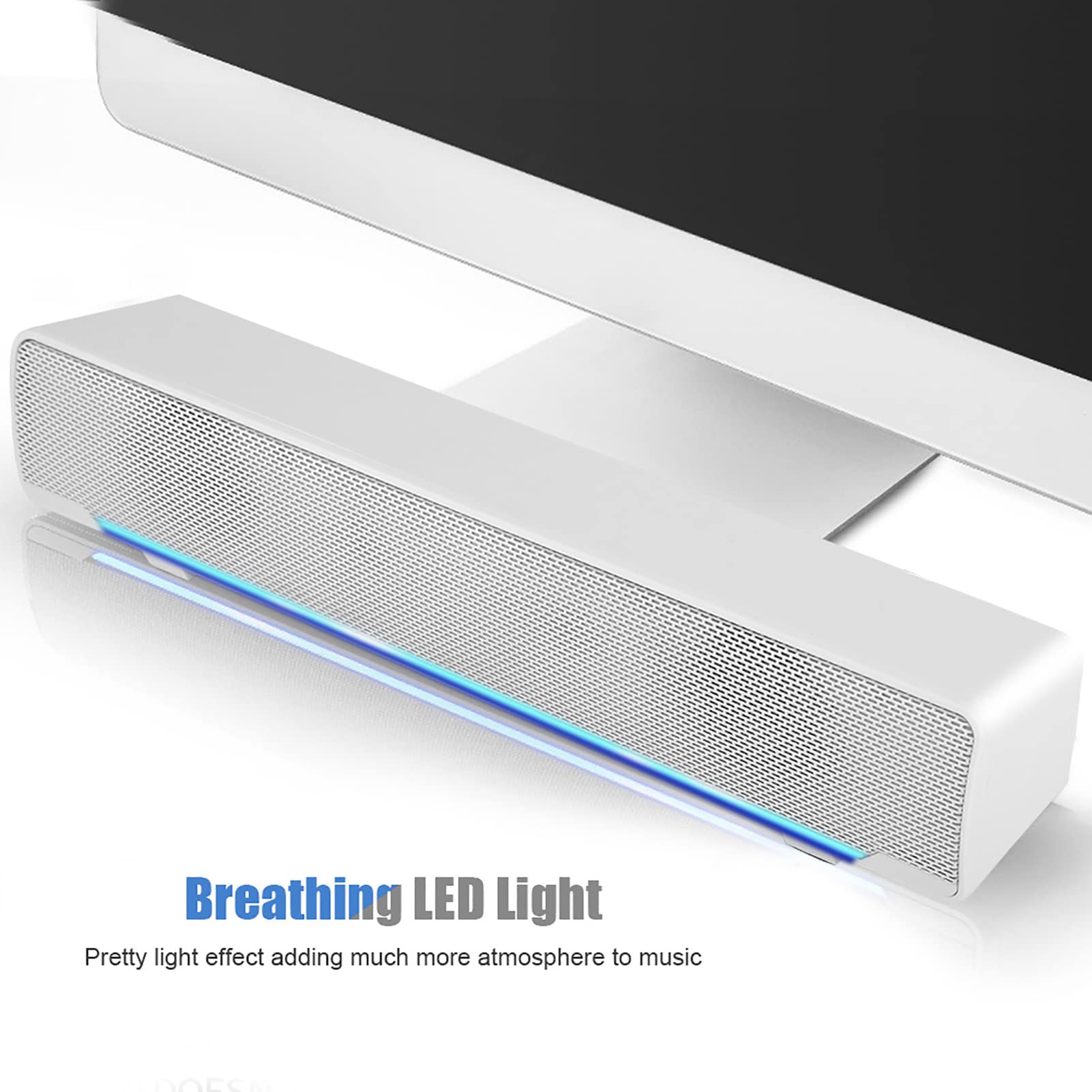 USB Powered Computer Soundbar with Dual Stereo Speakers, Wired Laptop Speaker Bar with 3.5mm Audio Plug & LED Lighting, Perfect for Gaming PC, Desktop Monitor, Laptop, Tablets - Ideal for Home Office, Streaming & Multimedia (White)
