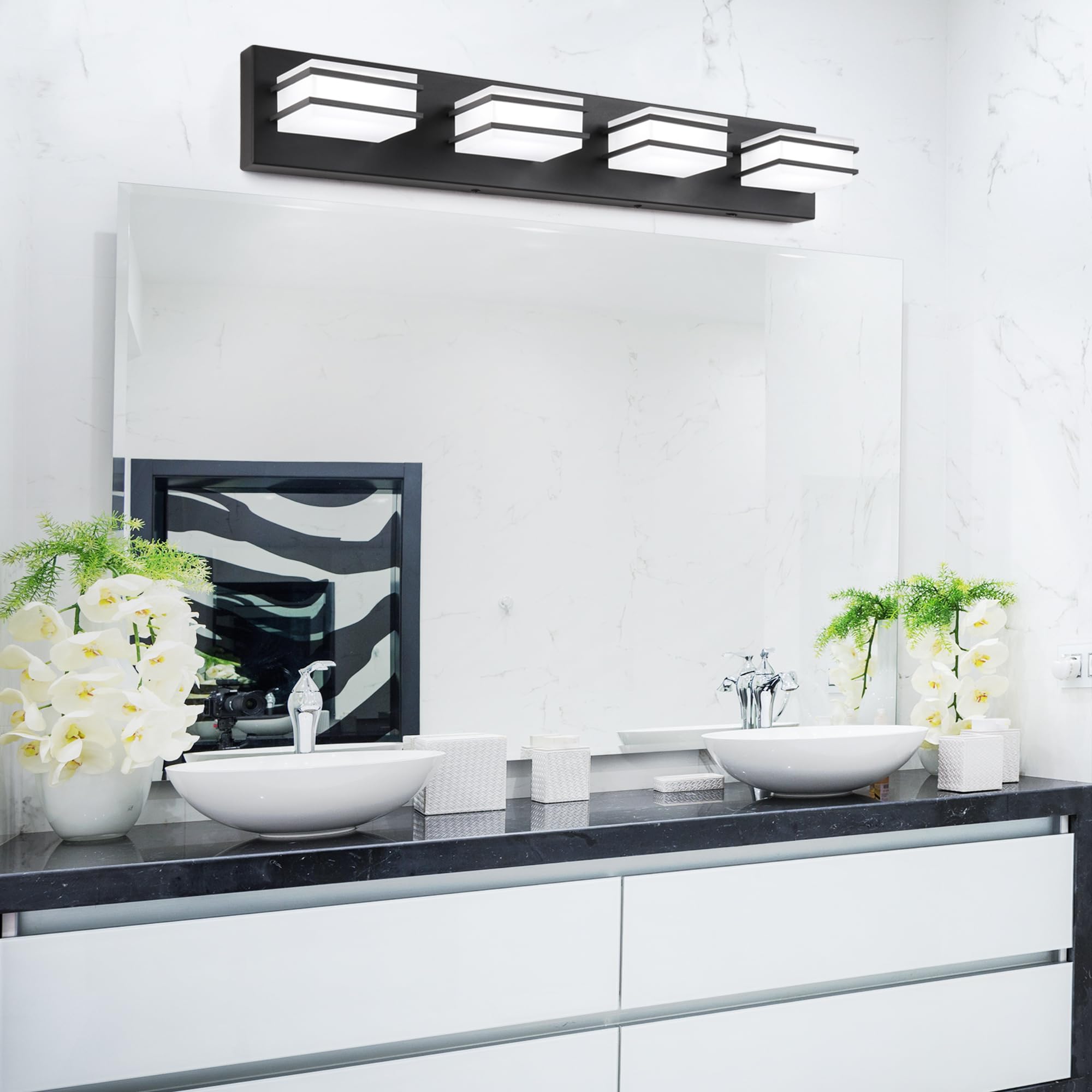 3-Color Temperature Dimmable LED Bathroom Vanity Light Fixture - Black 4-Light Over Mirror Lighting with Acrylic Stainless Steel Square Shade - ETL Certified for Bathroom, Bedroom & Dressing Room Makeup Area