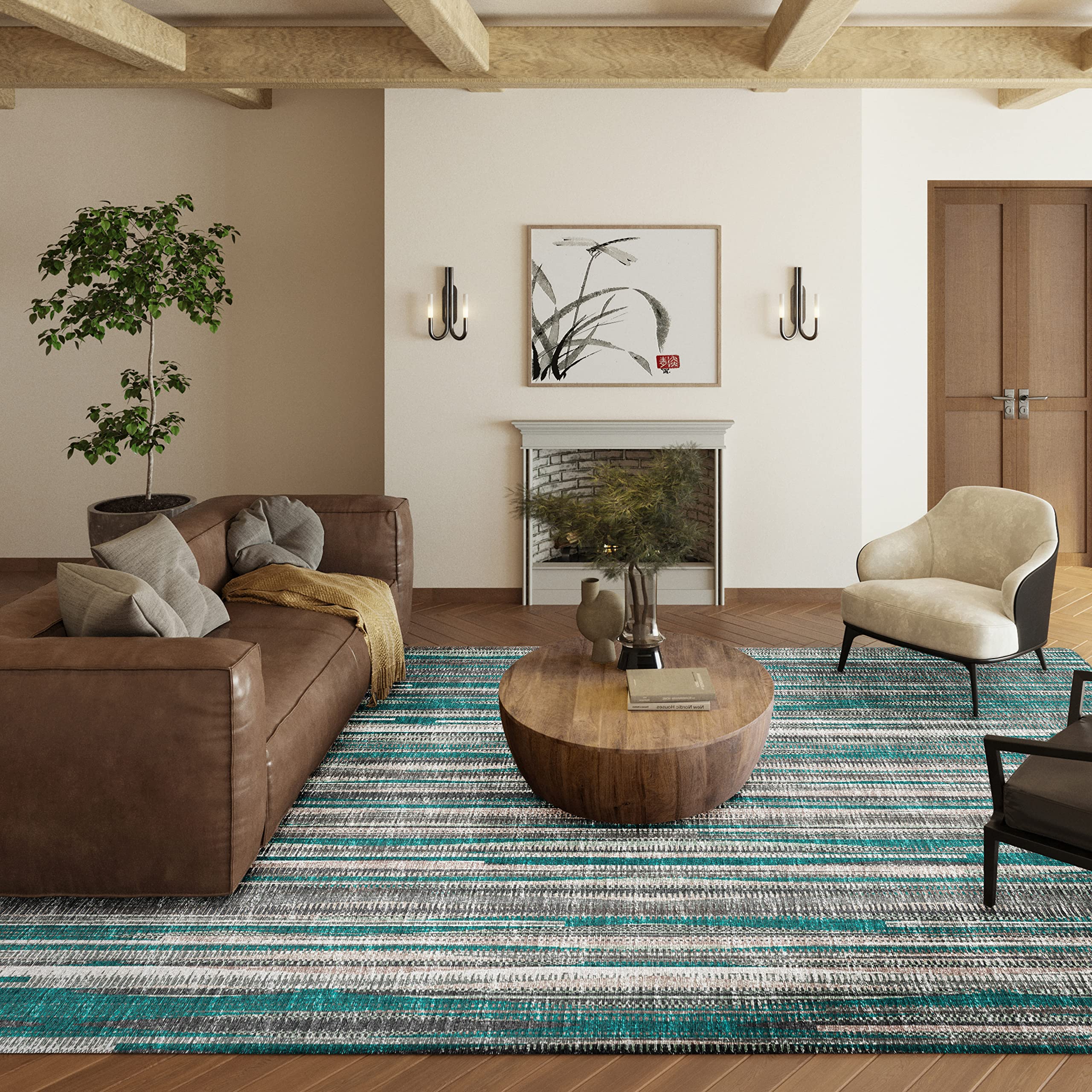 Waverly AWA31 Peacock 8' x 10' Indoor Outdoor Area Rug - Stain Resistant, Machine Washable, Non-Shedding - Perfect for Bedroom, Living Room, Dining Room & Kitchen - Durable Floor Covering for Patio, Deck or Sunroom