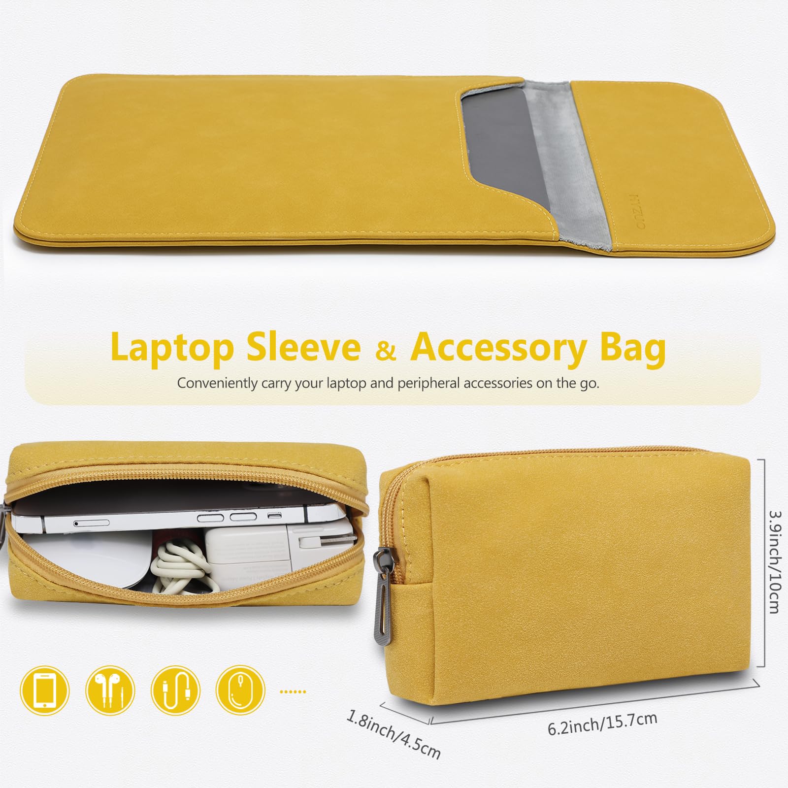 HYZUO 13 Inch Laptop Sleeve Case Bag for MacBook Air M3/M1, MacBook Pro M2/M1, iPad Pro, iPad Air, XPS, Surface Pro - Protective Pouch Included in Olive Yellow - Perfect for Work, Travel & School