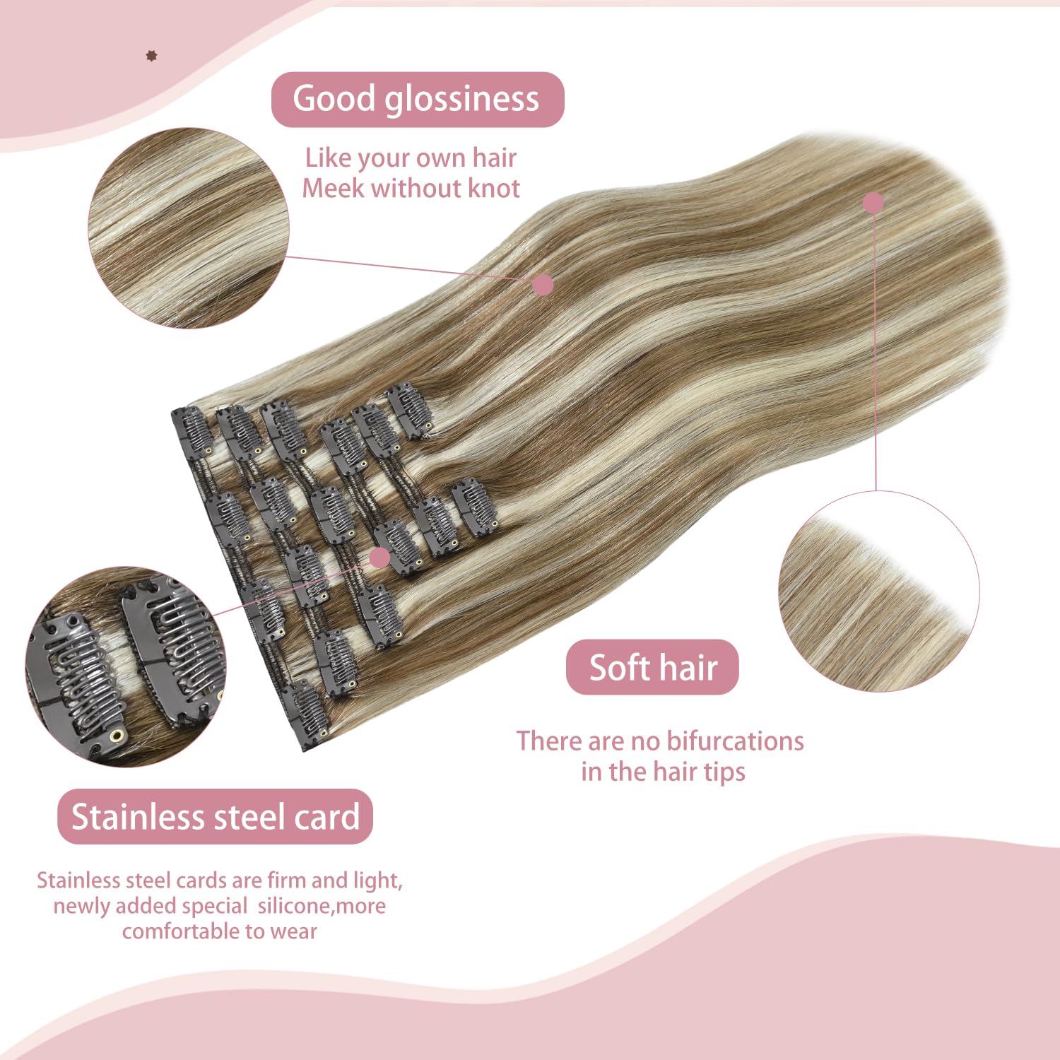HUAYI Clip In Human Hair Extensions - 22 Inch Ash Blonde Mixed Platinum Blonde 120g, 100% Real Human Hair Weft for Women | Premium Quality Remy Hair for Natural Volume & Length | Perfect for Daily Wear, Parties, Weddings & Special Occasions