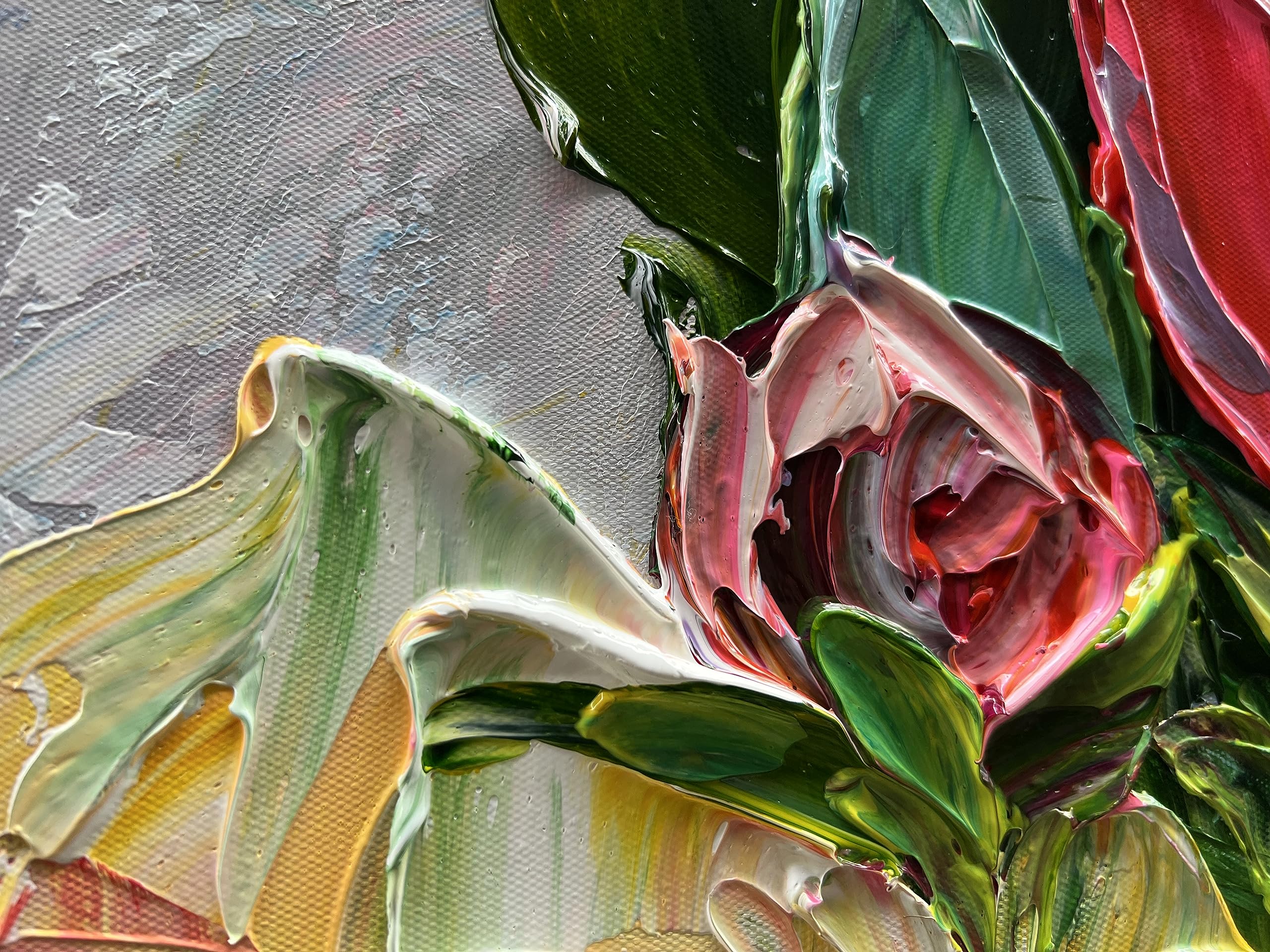 Hand Painted Red Flowers Abstract Oil Painting on Canvas 24x48 Inch - Thick Texture Wall Art Decor for Living Room, Bedroom & Office