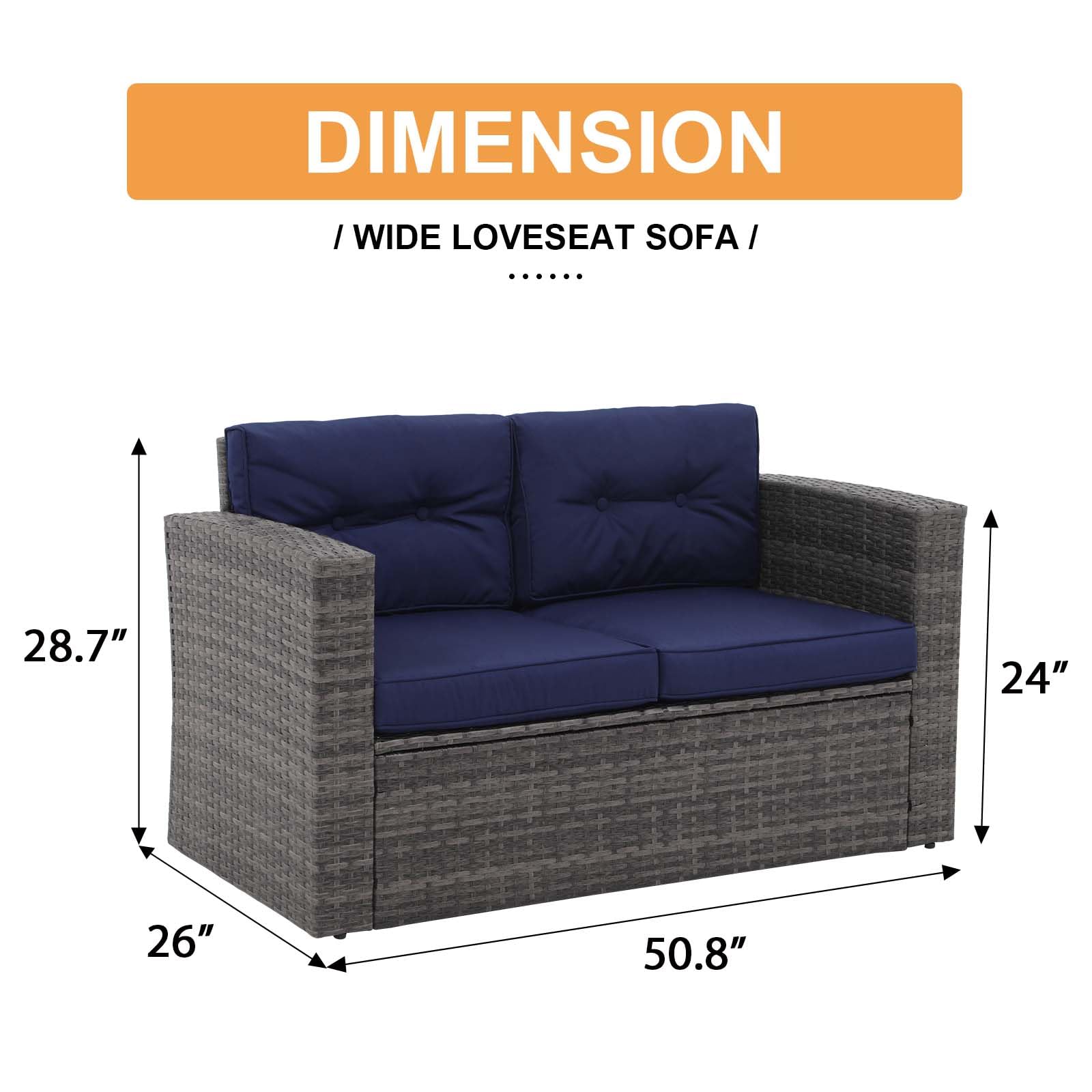 Premium Outdoor Wicker Loveseat Sofa Set - 2-Seater Rattan Patio Furniture with Weather-Resistant Cushions - Navy Blue - Perfect for Balcony, Porch, Deck, Garden & Backyard Relaxation