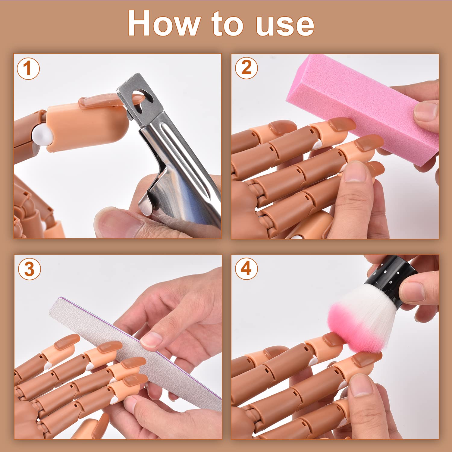 MEKK 200PCS Brown False Nail Tips for Nail Practice Hand - Refill Nail Tips for Manicure Training, DIY Nail Art & Professional Practice | Perfect for Nail Salons, Beauty Schools & Home Use