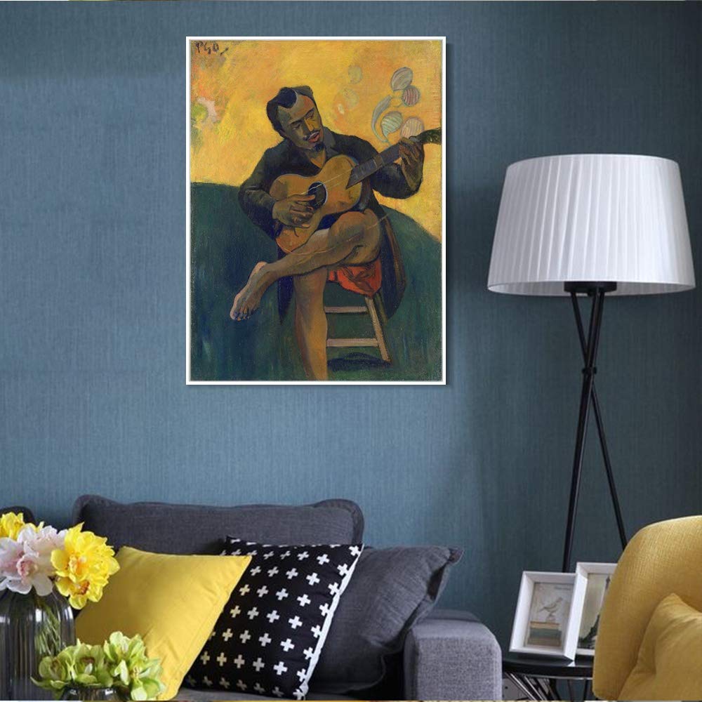 INVIN ART Framed Canvas Giclee Print - The Guitar Player by Paul Gauguin - Premium Wall Art for Living Room, Bedroom & Office Decor (White Slim Frame, 24x32 Inches) - Perfect Gift for Art Lovers & Home Styling