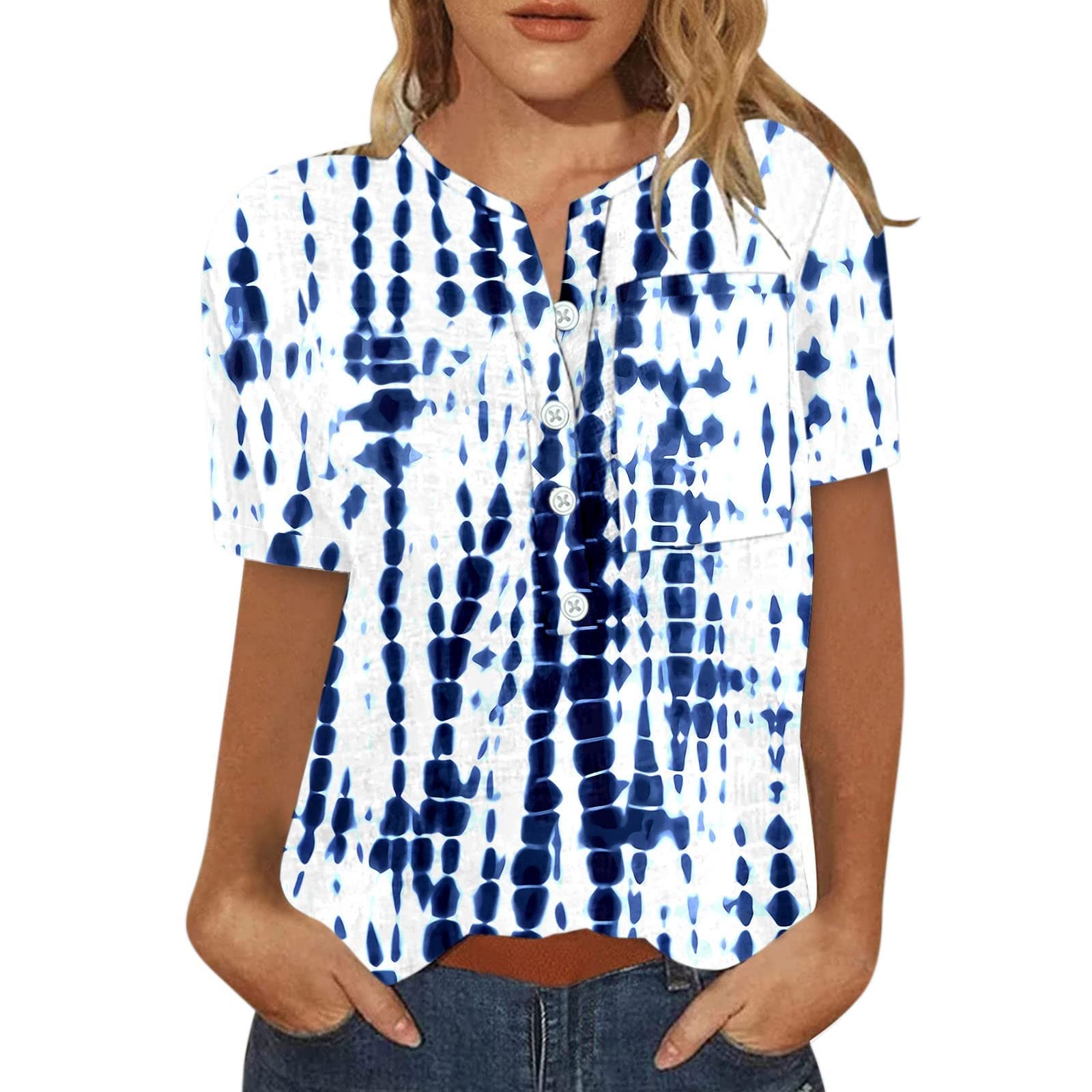 FQZWONG Women's Tie Dye V-Neck Tee with Pocket - Summer Casual Tops for Outings