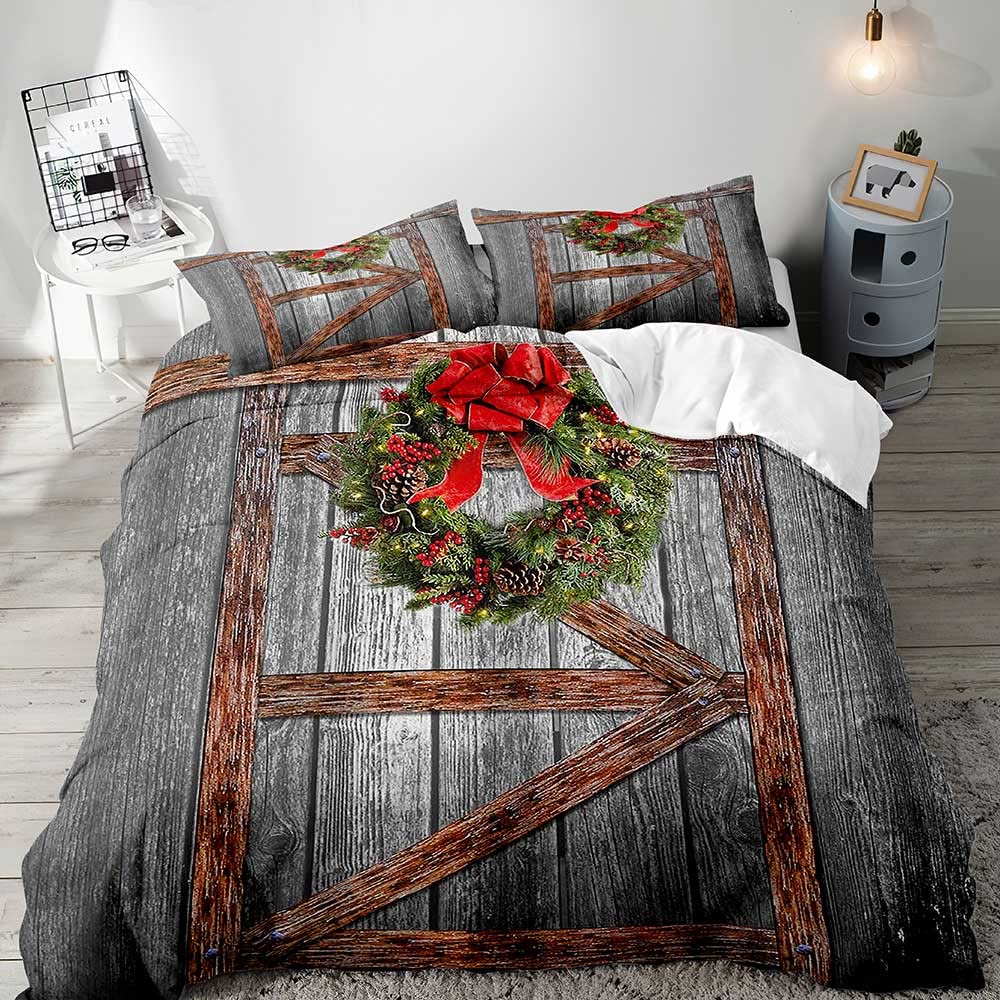 LUVIVIHOME 2-Piece Christmas Duvet Cover Set - Twin Size Farmhouse Bedding with Vintage Grey Barn Door & Wreath Design - Holiday Comforter Quilt Cover & Pillow Sham - Perfect for Rustic Bedroom Decor & Cozy Winter Nights
