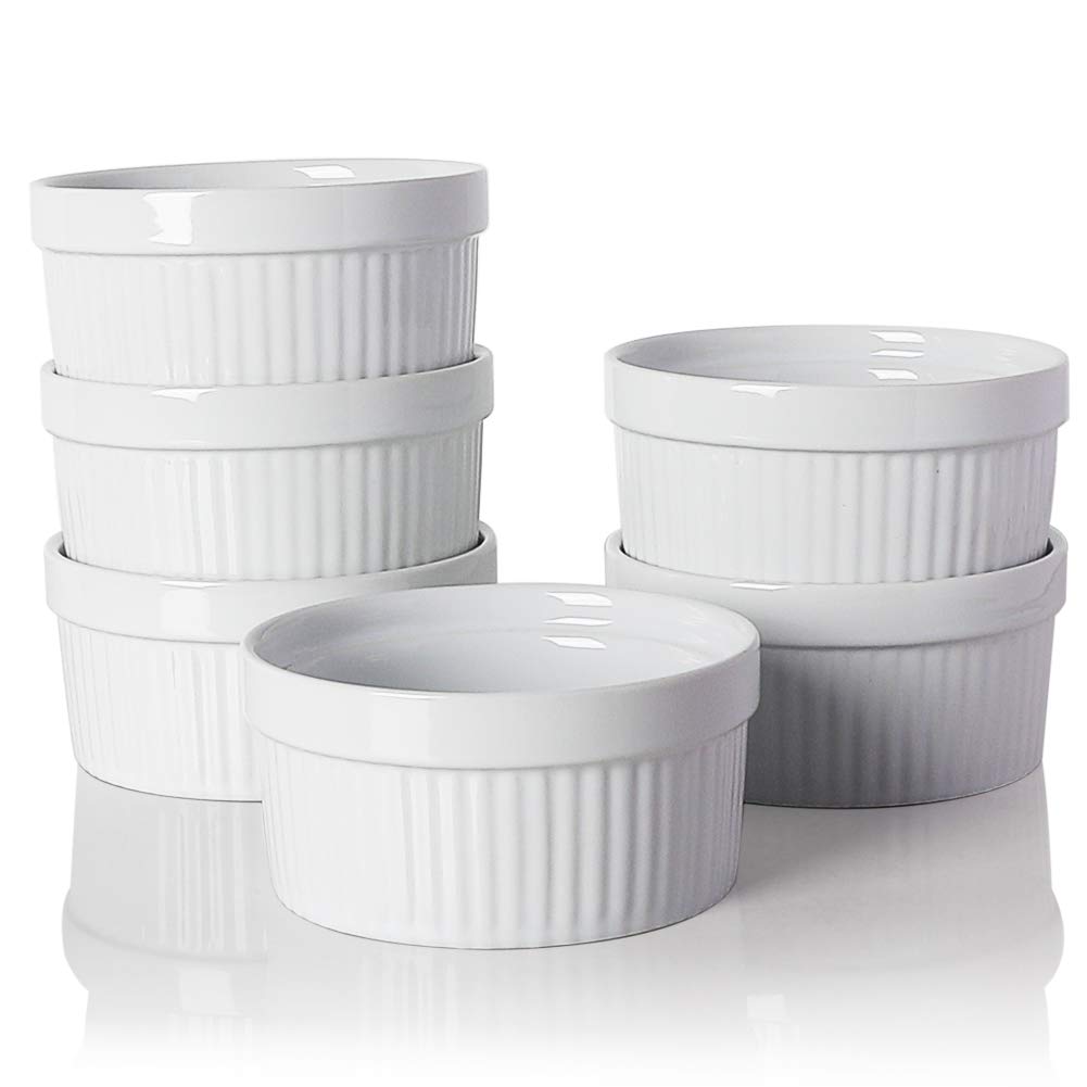 Sweejar 8 oz Ceramic Ramekins Set of 6 - White Baking Dishes for Souffle, Pudding, Creme Brulee, Custard | Perfect for Oven, Microwave & Dessert Serving