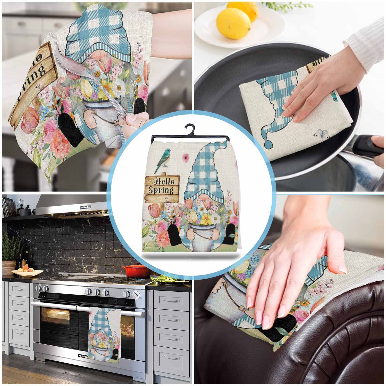 **Floral Gnomes Cotton Kitchen Towels Set of 2 - 18x28 Inch Absorbent Reusable Dishcloths for Kitchen, Bar & Hand Drying - Spring Linen Grain Design for Dishwashing, Tea Towels & Cleaning**    *(Perfect for Everyday Kitchen Use, Dish Drying, Bar Cleaning & Hand Towel Needs)*