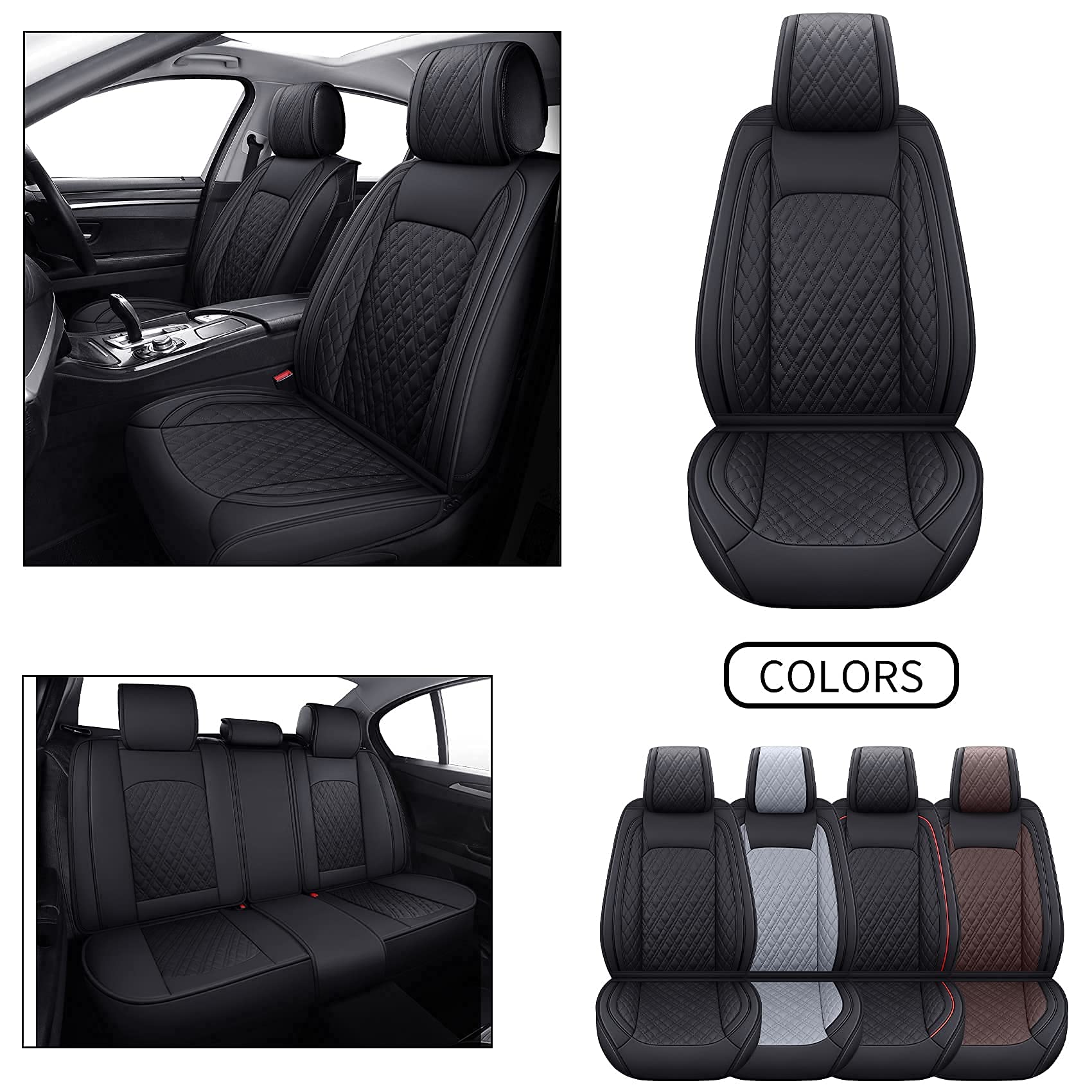 Universal Car Seat Covers Full Set - Waterproof Leather Black - Compatible with Honda Civic/HRV/Accord, Toyota Rav4/Camry/Corolla, Nissan Pathfinder/Murano/Frontier, Ford Explorer, Mazda CX5 - Perfect for Road Trips, Daily Commute & Car Protection