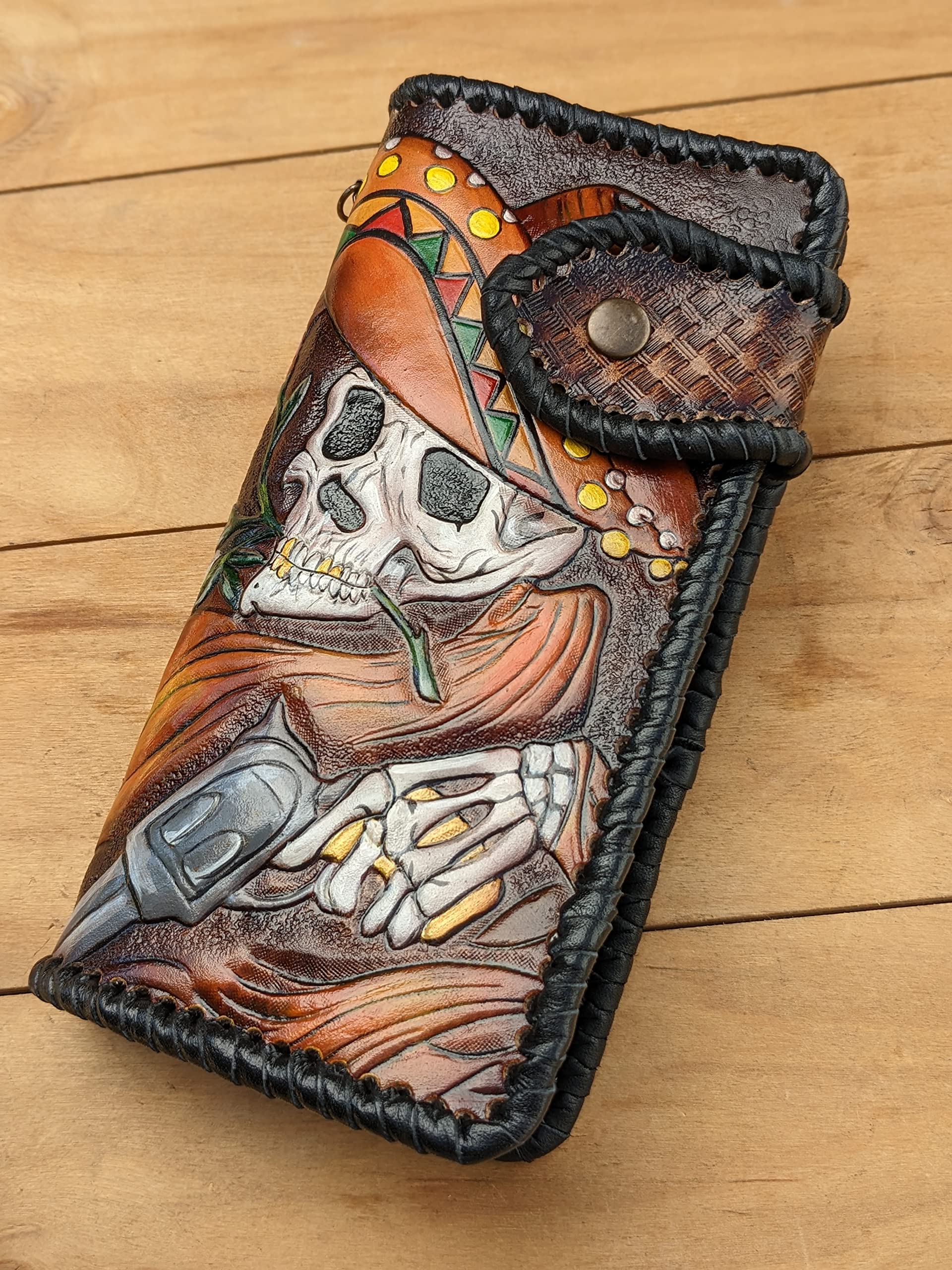 Handmade Mexican Sugar Skull 3D Genuine Leather Wallet for Men - Sombrero & Maracas Design, Long Biker Wallet with Airbrush Art, Custom Personalized Carved Skeleton Wallet - Perfect for Day of the Dead Gifts, Biker Accessories & Unique Fashion Statements
