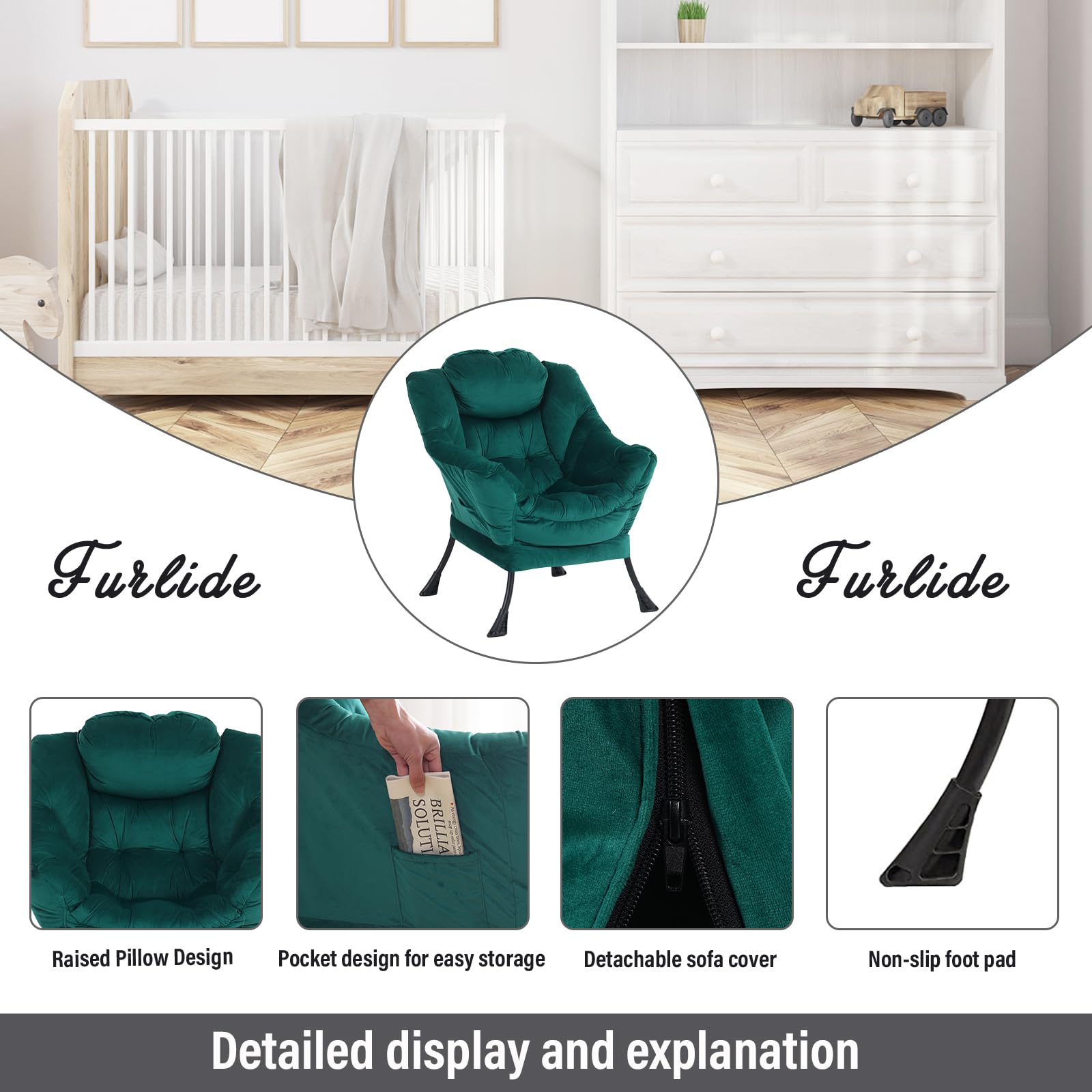 Oversized Lounge Chair with Ottoman - Modern Accent Chair with Folding Footrest, Velvet Dark Green Comfortable Reading Chair for Bedroom, Study, Living Room & Courtyard - Perfect for Relaxing, Reading & Home Decor