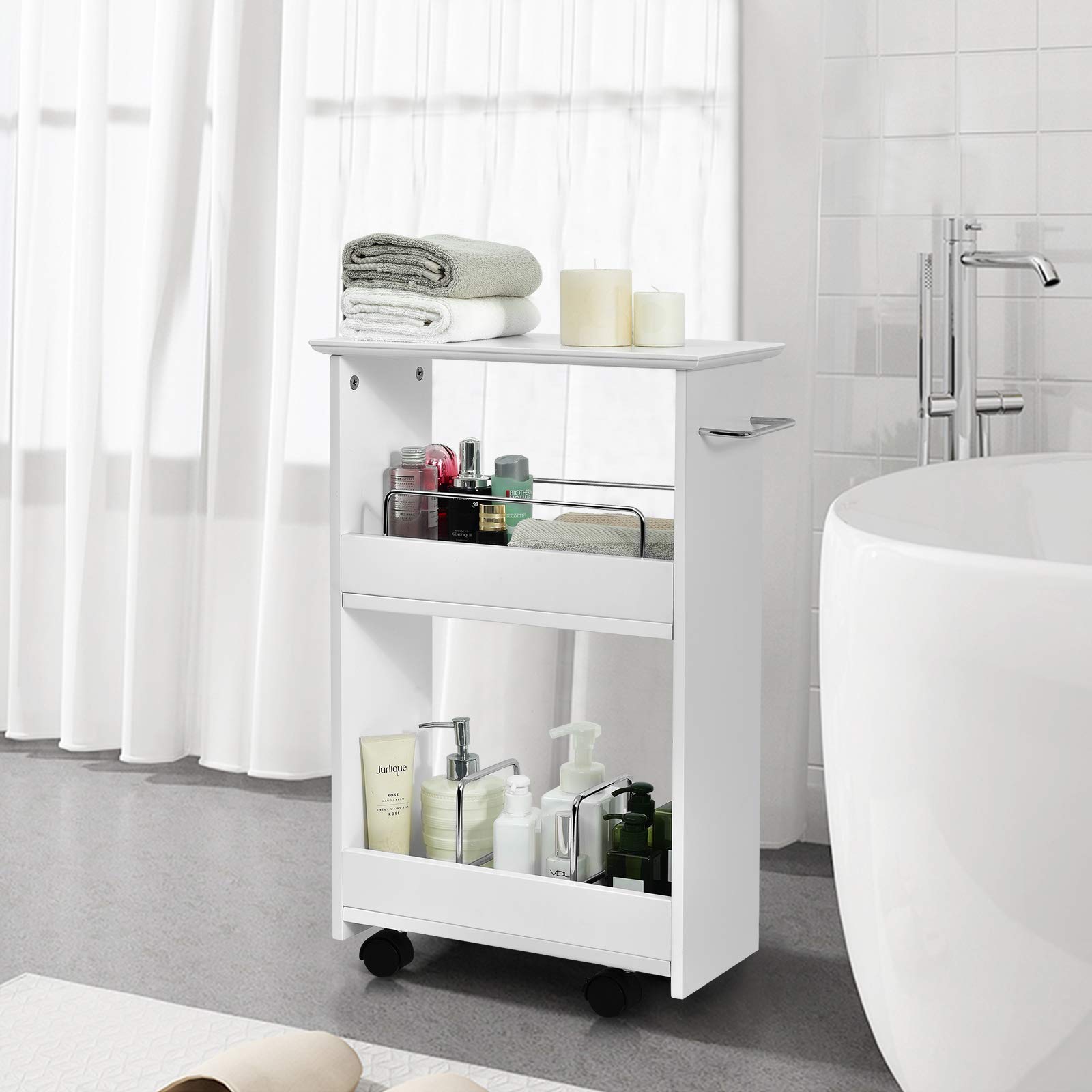 GOFLAME Slim Bathroom Storage Cart - Wooden Organizer Shelf with Towel Bar, Side Handle & Rolling Casters for Bathroom, Laundry Room, Kitchen - Perfect for Small Space Organization & Home Decor